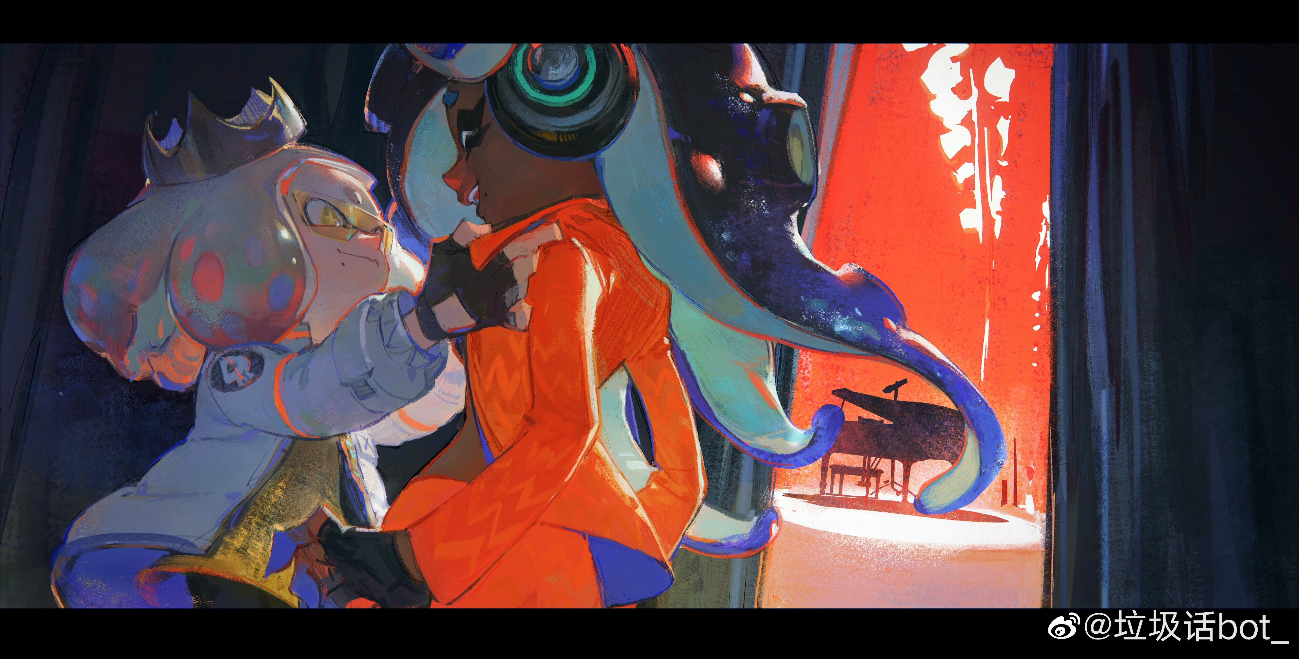 creamyghost, marina (damp socks feat. off the hook) (splatoon), marina (splatoon), pearl (damp socks feat. off the hook) (splatoon), pearl (splatoon), nintendo, splatoon (series), splatoon 2, splatoon 3, absurdres, highres, + +, 2girls, :d, adjusting clothes, black gloves, black pants, blue hair, blunt bangs, brown hair, cephalopod eyes, closed eyes, closed mouth, clothing cutout, cowboy shot, crown, curtains, dark-skinned female, dark skin, dress, fingerless gloves, glove cutout, gloves, gold crown, gold dress, gradient hair, grand piano, headphones, inkling, instrument, jacket, letterboxed, long hair, looking at another, medium hair, microphone, midriff, mole, mole under mouth, multicolored hair, multiple girls, navel, octoling, open clothes, open jacket, open mouth, orange jacket, orange pants, pants, piano, pink hair, short eyebrows, sidelocks, smile, squid girl, stage curtains, stage lights, stomach, suction cups, tentacle hair, thick eyebrows, tinted eyewear, two-tone hair, white hair, white jacket, yellow-tinted eyewear, yellow eyes