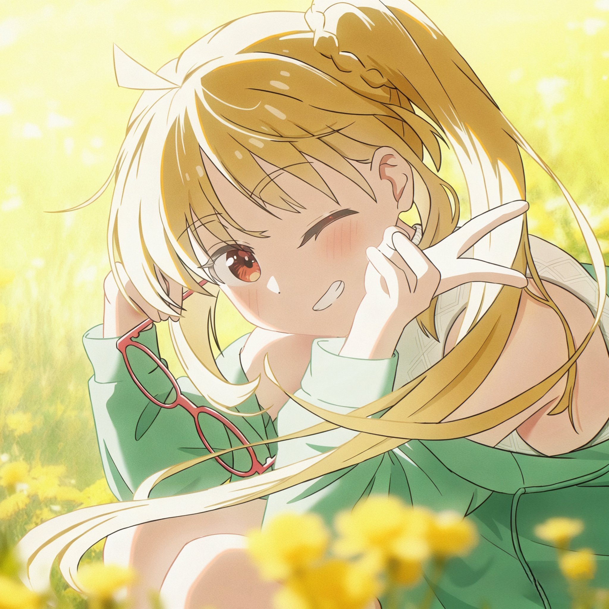 ijichi nijika, bocchi the rock!, chinese commentary, commentary request, highres, 1girl, ;d, ahoge, bare shoulders, blonde hair, blurry, blush, braid, detached ahoge, field, flower, glasses, green jacket, grin, holding, holding removed eyewear, jacket, long hair, long sleeves, looking at viewer, official style, one eye closed, open mouth, outdoors, red-framed eyewear, red eyes, shirt, side ponytail, sleeveless, smile, solo, squatting, unworn eyewear, v, white shirt, yellow flower, yellow theme, yuyuu