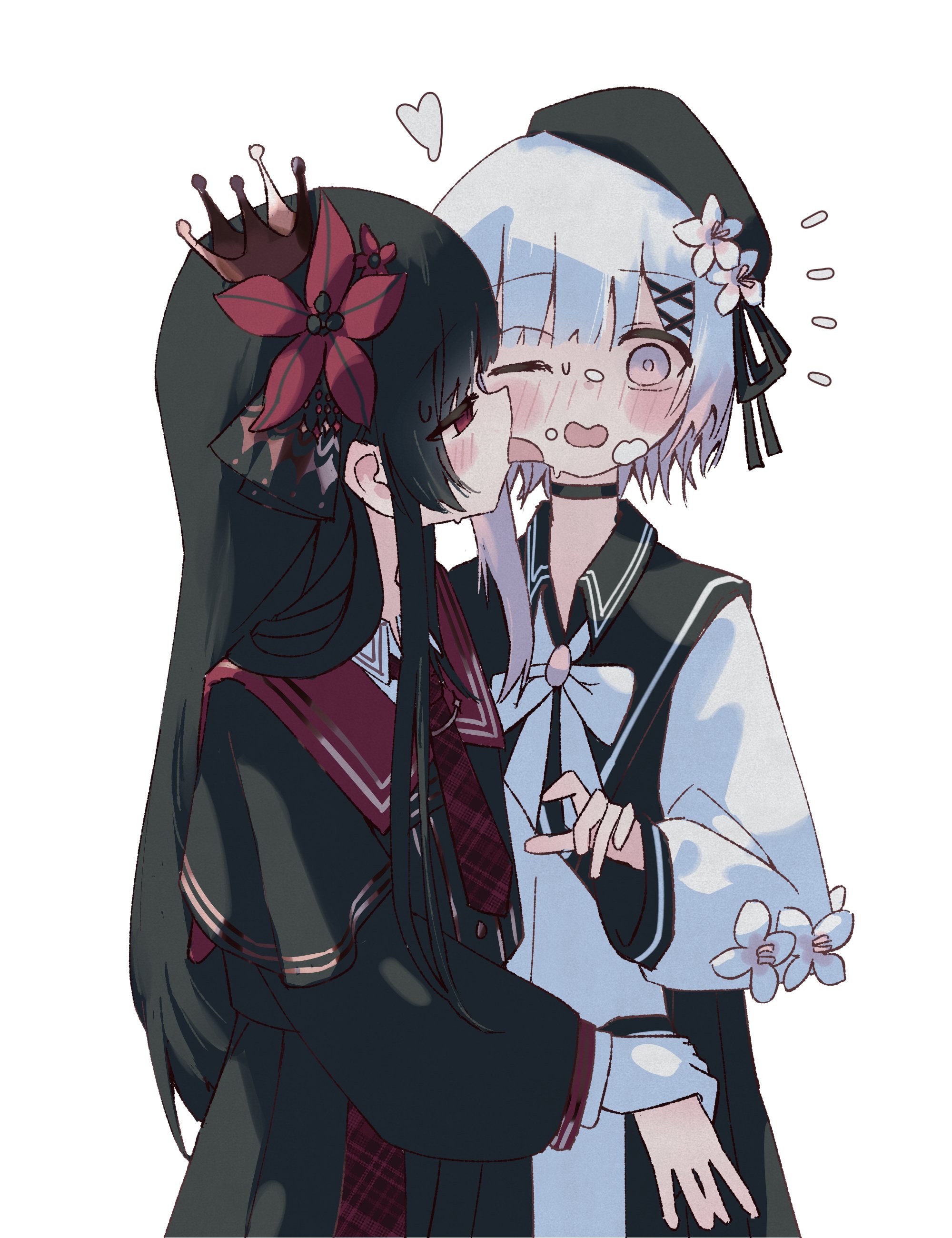 foopy, nikaido hiro, sakuraba ema, mahou shoujo no majo saiban, absurdres, commentary request, highres, 2girls, black choker, black dress, black hair, choker, dress, flower, food, food on face, gloves, gradient hair, hair flower, hair ornament, heart, licking, licking another's face, long hair, multicolored hair, multiple girls, one eye closed, pink eyes, pink hair, red eyes, red flower, tongue, tongue out, white dress, white flower, white gloves, white hair, yuri
