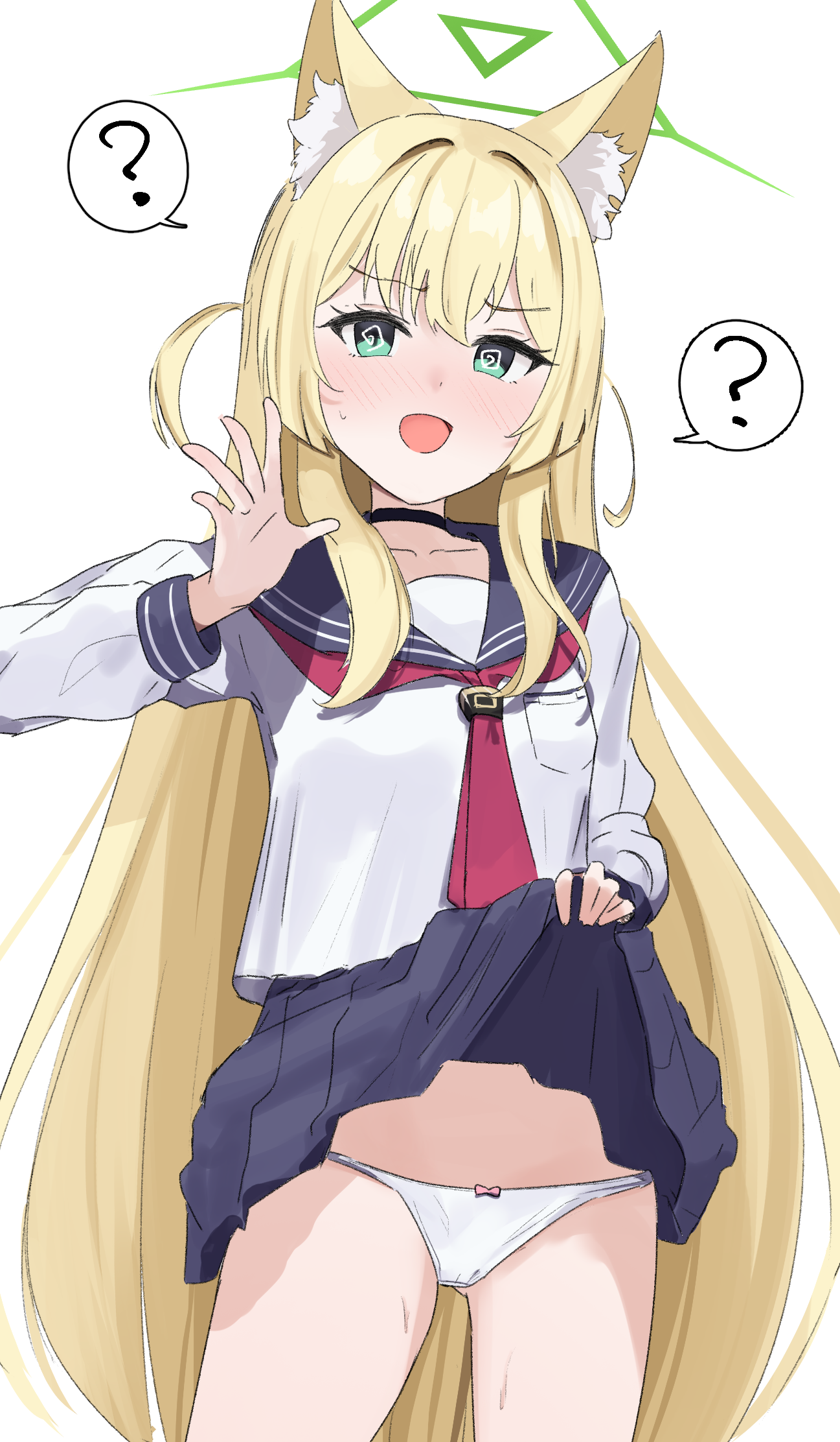 nayamy, kurumi (blue archive), blue archive, commentary, highres, 1girl, ?, @ @, animal ear fluff, animal ears, black choker, black sailor collar, black skirt, blonde hair, blush, bow, bow panties, choker, clothes lift, cowboy shot, eyelashes, fox ears, fox girl, green eyes, green halo, hair between eyes, halo, hand up, lifting own clothes, long hair, long sleeves, looking at viewer, miniskirt, nose blush, outstretched hand, panties, pink bow, pleated skirt, sailor collar, school uniform, serafuku, shirt, sidelocks, simple background, skirt, skirt lift, solo, speech bubble, spoken question mark, straight hair, sweatdrop, two side up, underwear, v-shaped eyebrows, very long hair, white background, white panties, white shirt