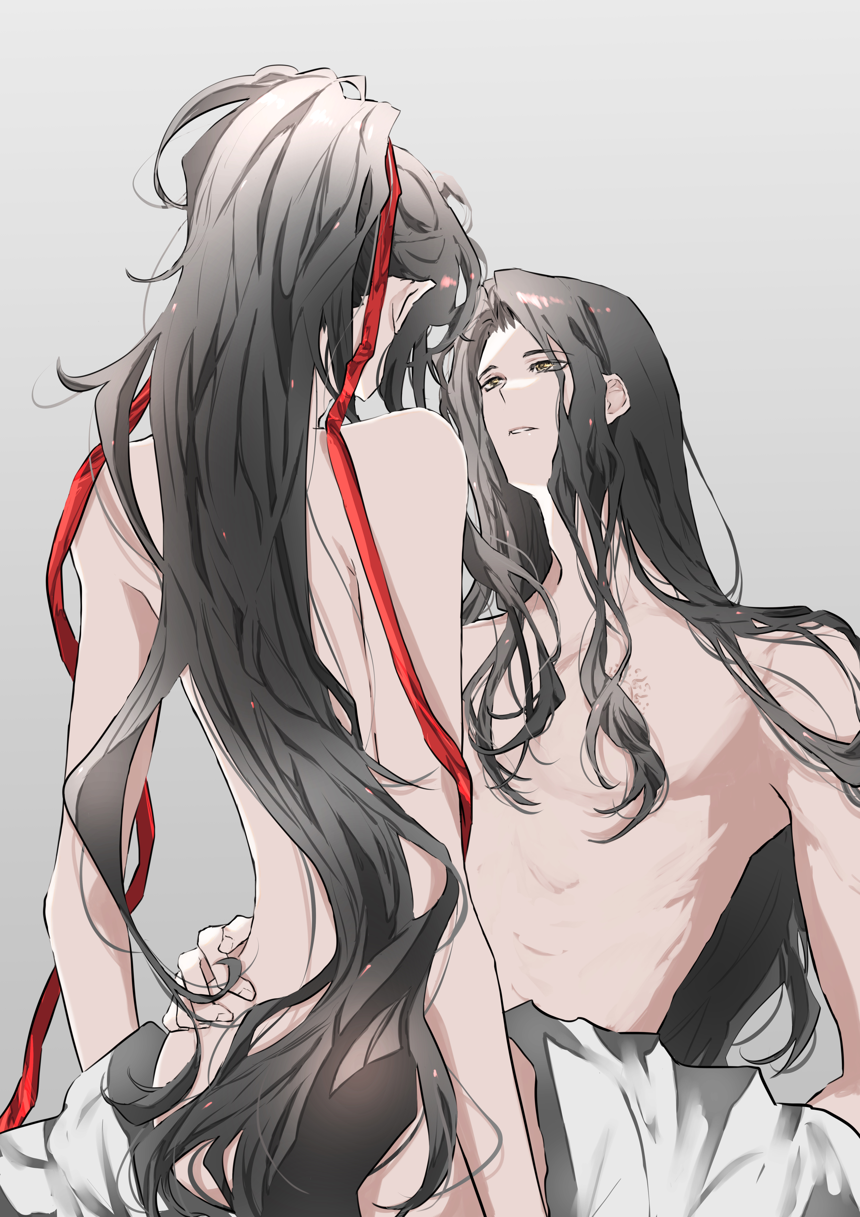 naruse (kmk648), lan wangji, wei wuxian, modao zushi, absurdres, highres, 2boys, ass, back, black hair, branded, clothes pull, couple, grey background, hair ribbon, hand on another's hip, long hair, looking at another, male focus, multiple boys, nude, pants, pants pull, parted lips, pectorals, ponytail, red ribbon, ribbon, scar, scar on chest, sidelocks, simple background, sitting, sitting on lap, sitting on person, smile, straddling, topless male, very long hair, white pants, yaoi, yellow eyes