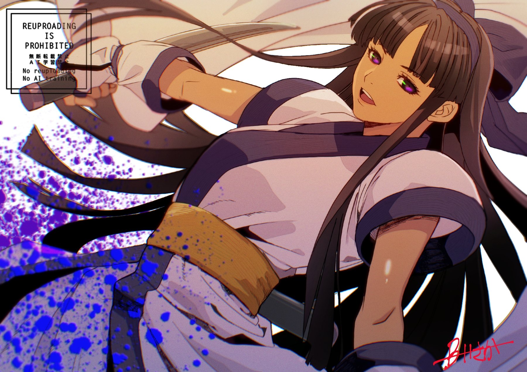 burning isaka, murasaki nakoruru, samurai spirits, highres, 1girl, ainu clothes, ambiguous blue liquid, black hair, blunt bangs, bow, dark-skinned female, dark persona, dark skin, dutch angle, fingerless gloves, gloves, hair bow, hairband, kodachi, long hair, looking at viewer, open mouth, purple bow, purple eyes, purple hairband, sash, short sleeves, short sword, smile, solo, sword, teeth, upper teeth only, watermark, weapon, white background, yellow sash