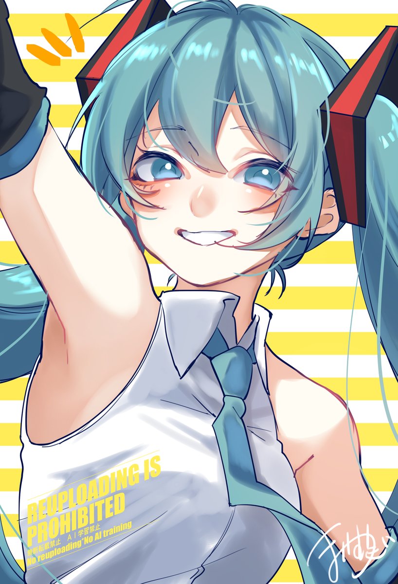mai mugi, hatsune miku, vocaloid, commentary request, highres, 1girl, aqua eyes, aqua hair, aqua necktie, aqua trim, arm up, armpits, blush, breasts, collared shirt, detached sleeves, hair between eyes, hair ornament, long hair, medium breasts, necktie, notice lines, shirt, sleeveless, sleeveless shirt, smile, solo, twintails, upper body, very long hair, white shirt