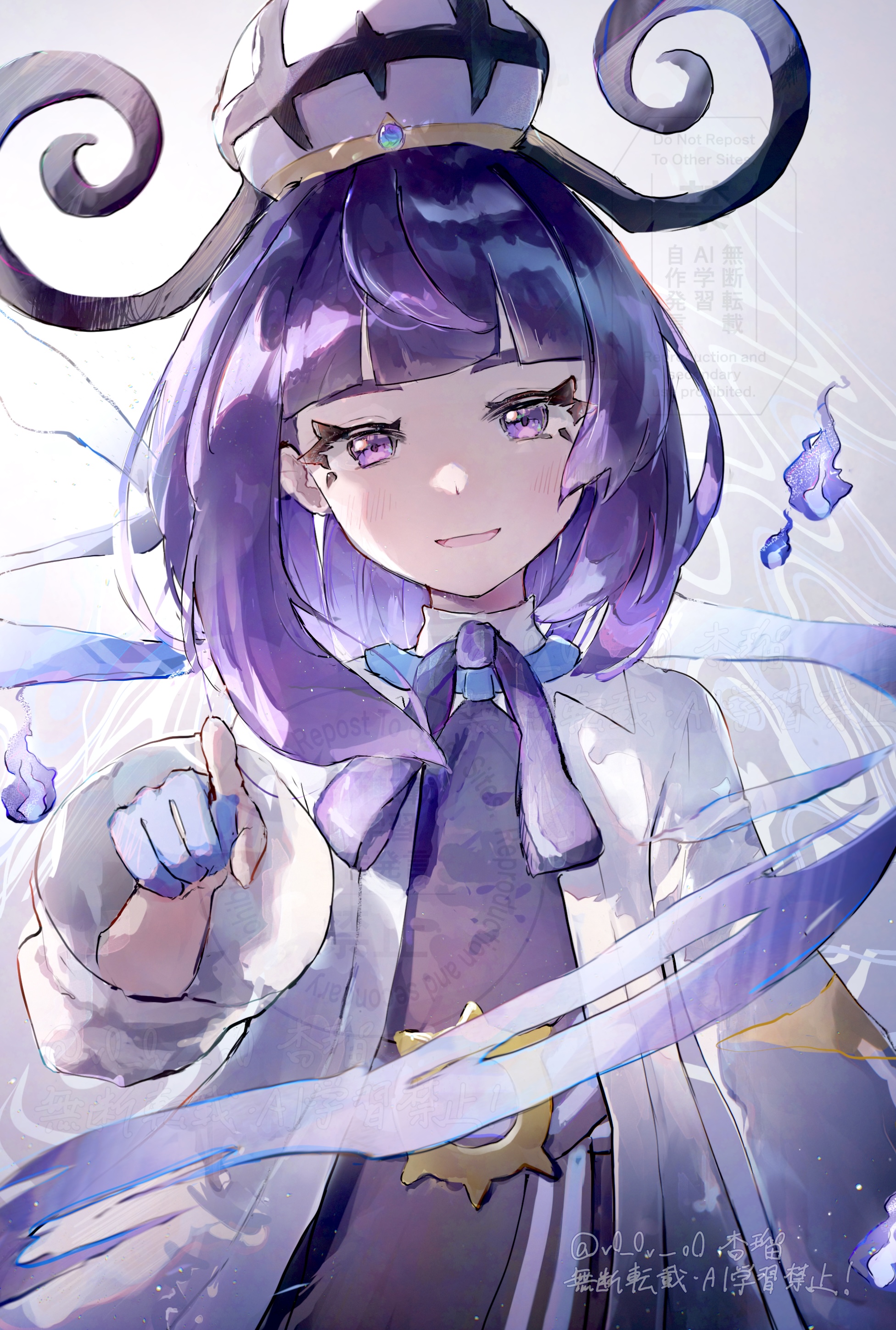 anzu (v0 0v o0), gwynn (pokemon), nintendo, pokemon, pokemon legends: z-a, highres, 1girl, black dress, black hair, blue gloves, blunt bangs, bob cut, coat, dress, gloves, gradient hair, hat, long sleeves, looking at viewer, mega stone, multicolored hair, open clothes, open coat, open mouth, partially fingerless gloves, purple eyes, purple hair, short hair, solo, upper body, white coat