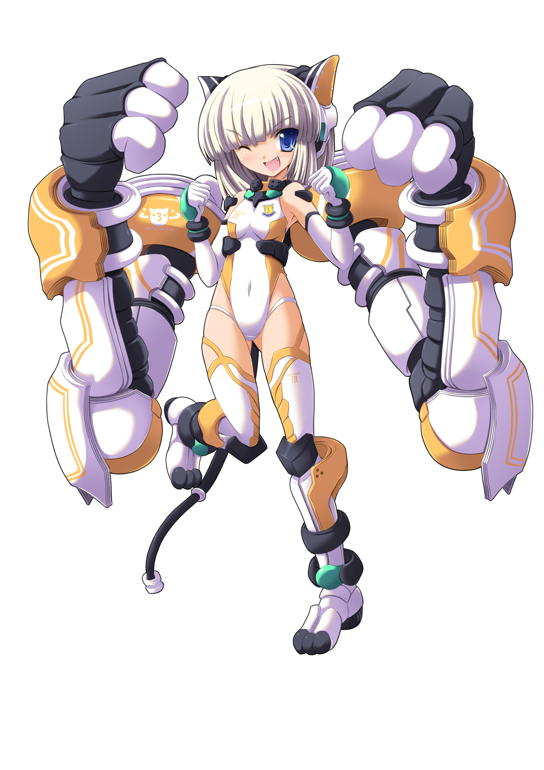 torisan, original, highres, 1girl, animal ears, bare shoulders, blue eyes, cat ears, cat tail, elbow gloves, fang, female focus, gloves, leotard, one eye closed, short hair, smile, solo, tail, thighhighs, white hair, wink