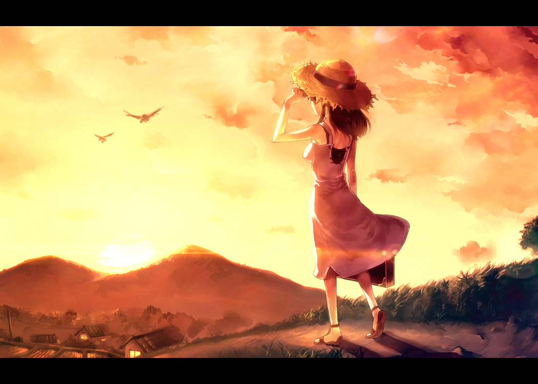 suna kumo, sunakumo, original, bird, cloud, dress, from behind, grass, hat, house, letterboxed, mountain, sky, solo, straw hat, sunset, tree, twilight