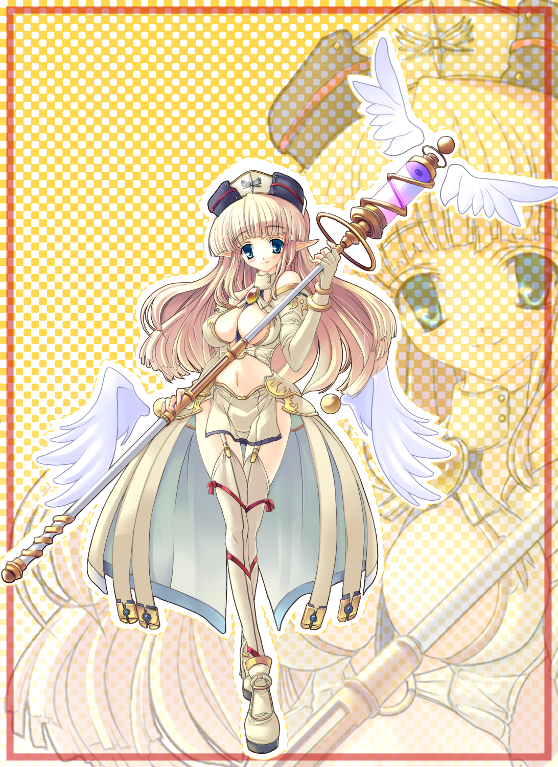 torisan, original, highres, 1girl, between breasts, blonde hair, blue eyes, blunt bangs, bracelet, breasts, cleavage, crossed legs, elf, female focus, front-seamed legwear, garter straps, hat, jewelry, large breasts, long hair, midriff, navel, pointy ears, seamed legwear, solo, staff, standing, thighhighs, watson cross, wings, zoom layer