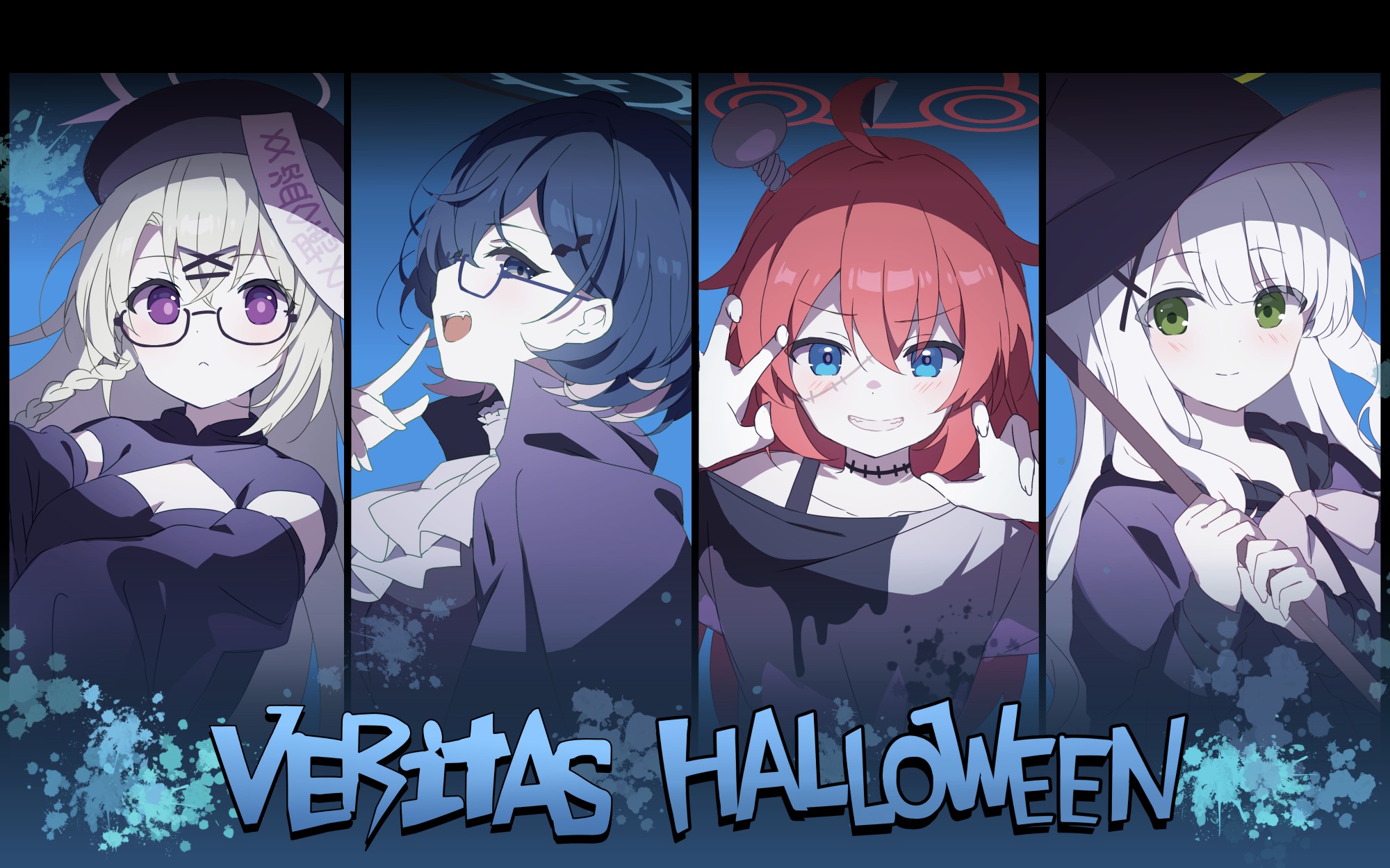 mochigome (ununquadium), chihiro (blue archive), hare (blue archive), kotama (blue archive), maki (blue archive), blue archive, commentary request, highres, 4girls, blue eyes, blue hair, breasts, claw pose, closed mouth, collarbone, fang, glasses, green eyes, grey hair, group name, halloween, halo, hat, jiangshi, long hair, looking at viewer, medium breasts, multiple girls, object through head, open mouth, outstretched arms, purple eyes, red hair, screw in head, semi-rimless eyewear, smile, stitched face, stitches, vampire, veritas (blue archive), witch hat, zombie pose