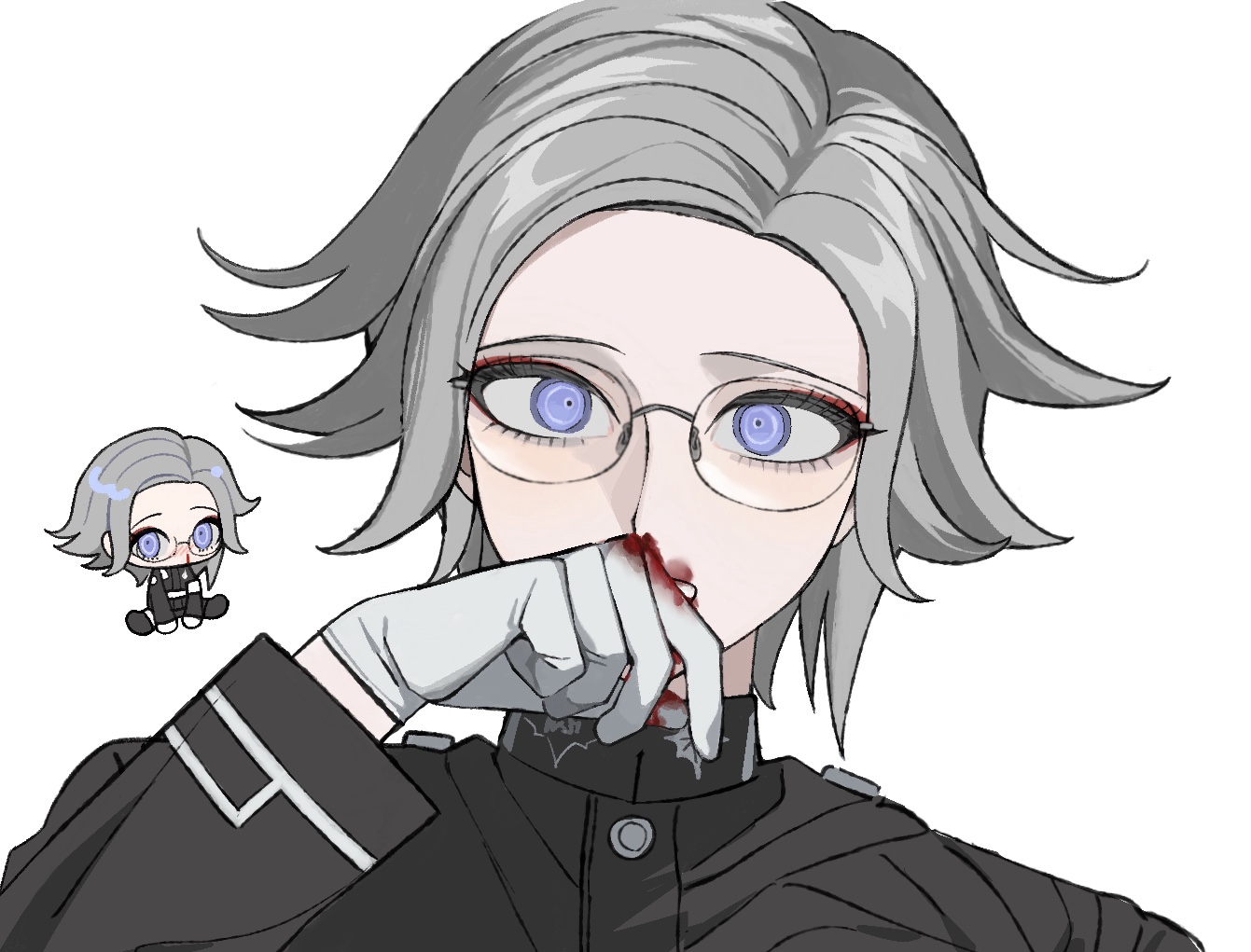 aotsuki eito, the hundred line -last defense academy-, 1boy, black jacket, blood, blood on face, blood on gloves, chibi, chibi inset, covering own mouth, eyeliner, gakuran, glasses, gloves, grey hair, jacket, last defense academy school uniform, looking at viewer, makeup, male focus, nosebleed, portrait, purple eyes, red eyeliner, school uniform, short hair, simple background, suishui33, white background, white gloves