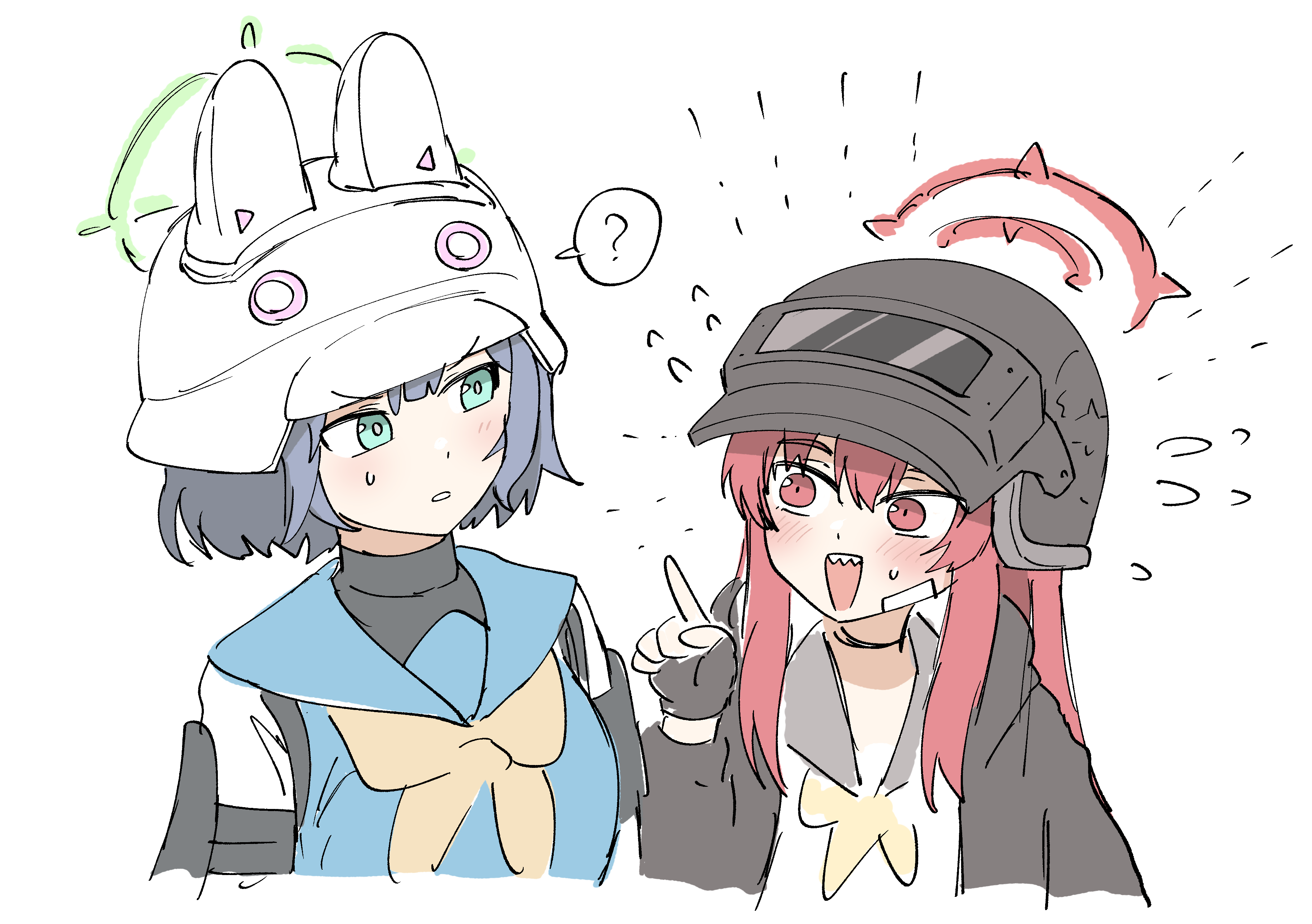 yabunoki, rabu (blue archive), saki (blue archive), blue archive, absurdres, commentary request, highres, 2girls, :d, ?, black gloves, black helmet, fingerless gloves, gloves, hair between eyes, halo, helmet, long hair, long sleeves, multiple girls, neckerchief, open mouth, red eyes, red hair, sharp teeth, simple background, smile, spoken question mark, teeth, white background, white helmet, yellow neckerchief