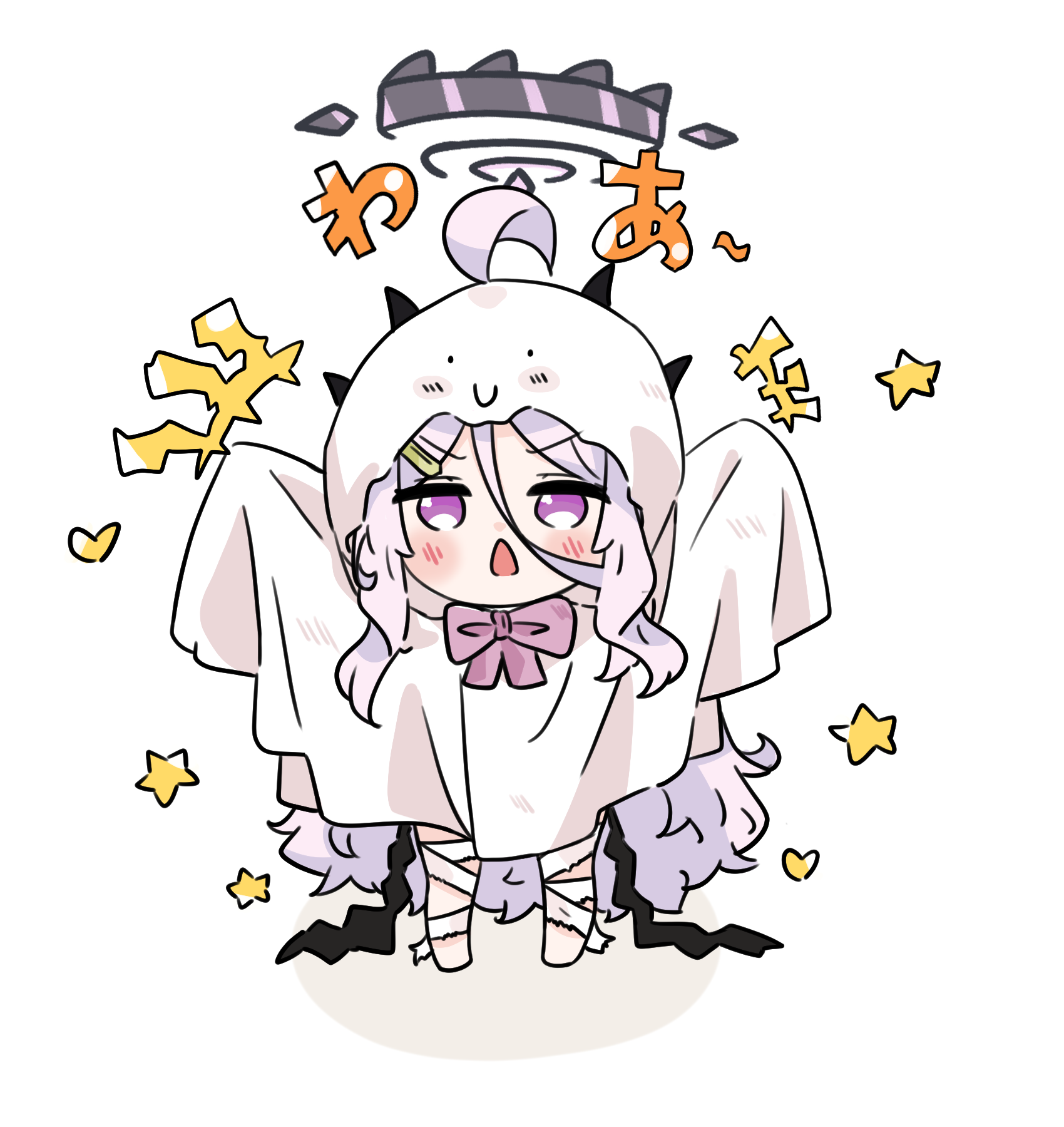 e v e neko, hina (blue archive), blue archive, commentary, highres, 1girl, ahoge, chibi, chibi only, ghost costume, halloween, halloween costume, halo, long hair, purple eyes, solo, white background