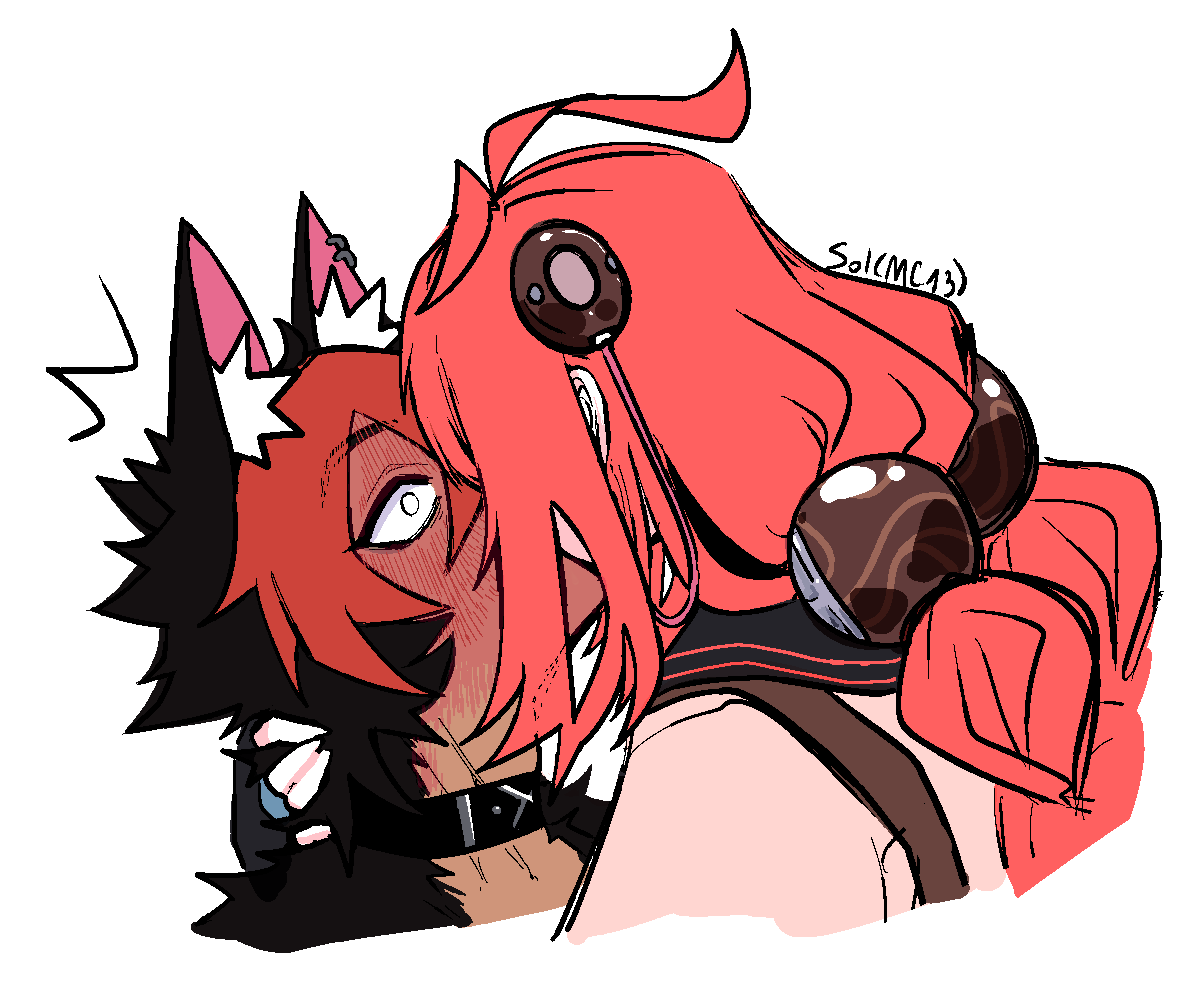 komano manato, ukinami yuzuha, zenless zone zero, braided twintails, 1boy, 1girl, ^^^, animal ear fluff, animal ears, arms around neck, artist name, black gloves, black hair, blush, body fur, braid, cardigan, collar, dog boy, dog ears, ear piercing, fingerless gloves, from side, full-face blush, gloves, hair between eyes, hair ornament, hand on another's neck, hearing aid, hetero, kiss, long hair, multicolored hair, piercing, pink cardigan, portrait, red hair, short hair, simple background, sol mc13, sphere hair ornament, white background, white eyes