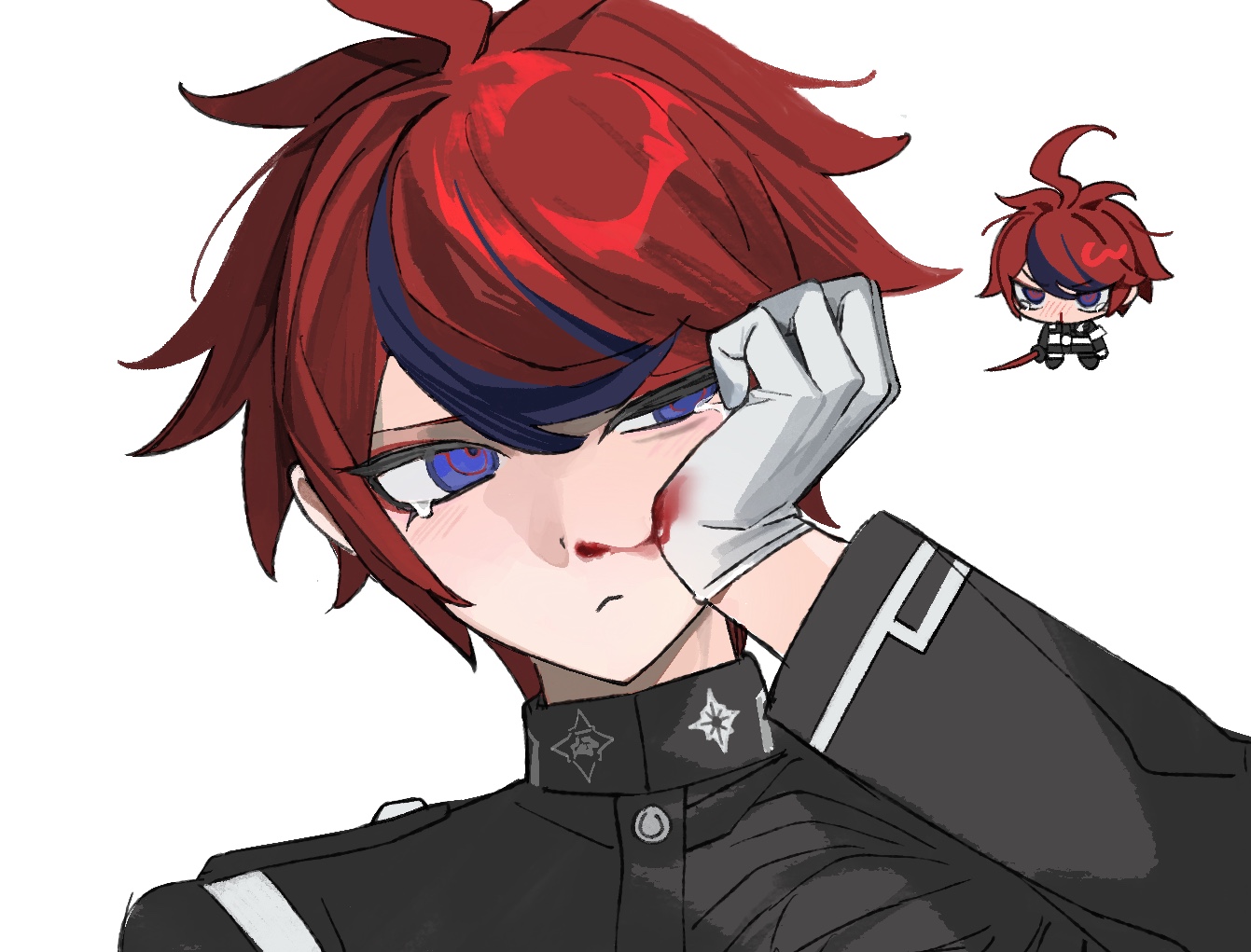 sumino takumi, the hundred line -last defense academy-, 1boy, ahoge, black jacket, black streaks, blood, blood on face, blood on gloves, blue eyes, chibi, chibi inset, eyeliner, frown, gakuran, gloves, holding, holding sword, holding weapon, jacket, last defense academy school uniform, makeup, male focus, multicolored hair, nosebleed, red eyeliner, red hair, ringed eyes, school uniform, short hair, streaked hair, suishui33, sword, tearing up, weapon, white gloves, wiping face