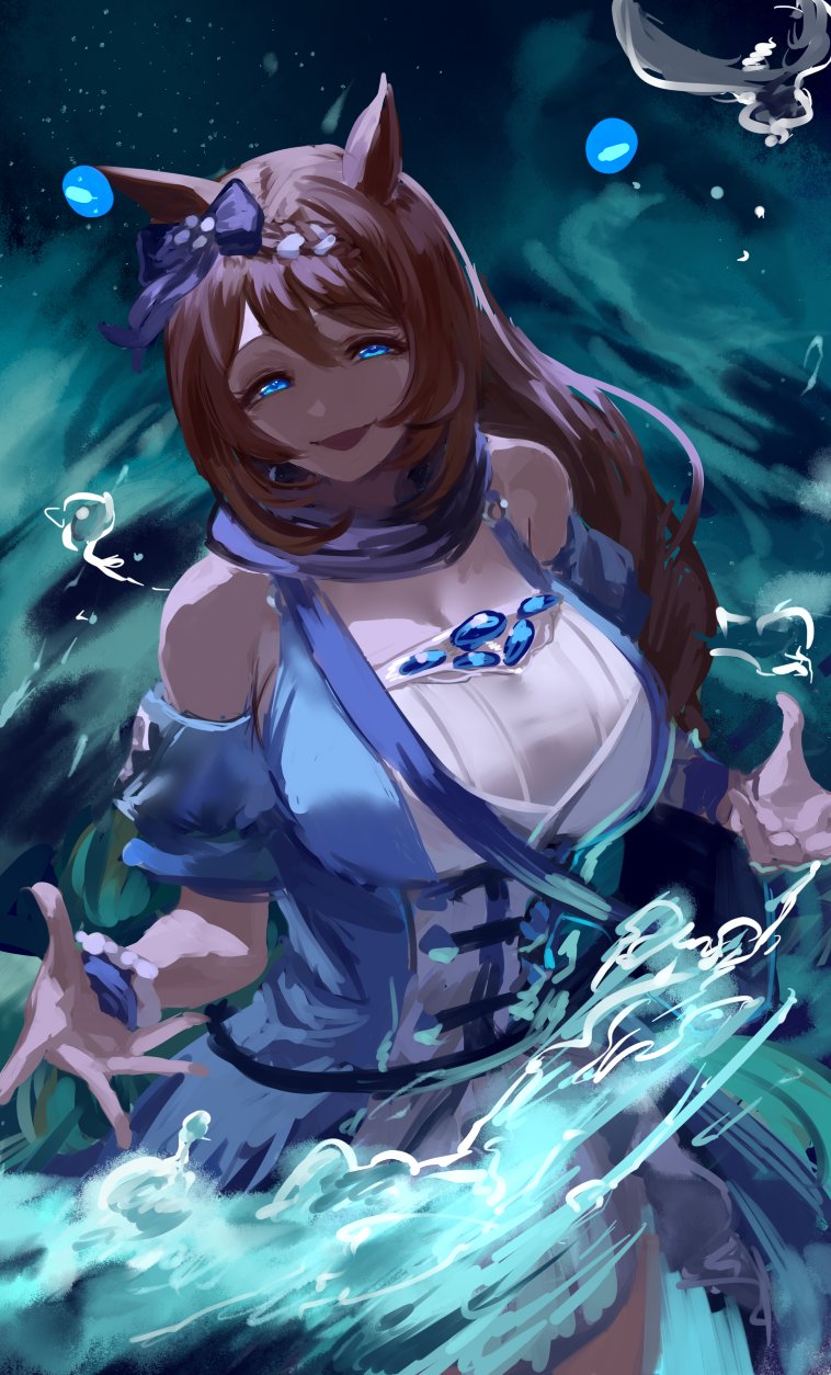 inishie kumo, super creek (murmuring stream) (umamusume), super creek (umamusume), umamusume, umamusume: cinderella gray, highres, 1girl, animal ears, blue eyes, blush, bow, braid, braided ponytail, breasts, brown hair, ear bow, ear ornament, ear ribbon, hair between eyes, horse ears, horse girl, horse tail, large breasts, long hair, looking at viewer, low-tied long hair, multicolored hair, official alternate costume, open mouth, shirt, smile, solo, streaked hair, tail, very long hair, white hair