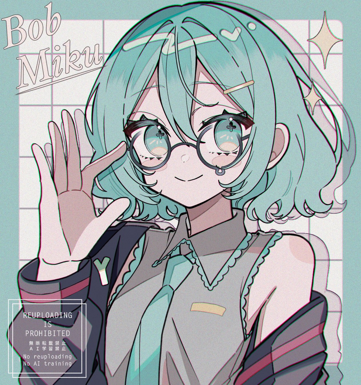 maca1227, hatsune miku, vocaloid, highres, 1girl, :>, alternate hair length, alternate hairstyle, aqua border, aqua eyes, aqua hair, aqua necktie, bespectacled, black jacket, blush, blush stickers, bob cut, border, character name, closed mouth, collared shirt, eyelashes, glasses, grey shirt, grid background, hair ornament, hairclip, jacket, long sleeves, necktie, round eyewear, shirt, short hair, single bare shoulder, single off shoulder, sleeveless, sleeveless shirt, smile, solo, sparkle