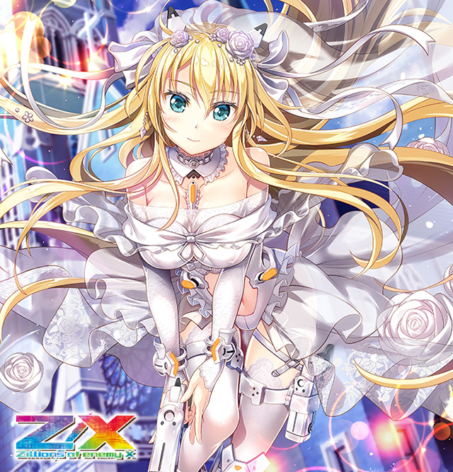 fujima takuya, rigel (z/x), z/x, official art, 1girl, aqua eyes, bare shoulders, blonde hair, breasts, closed mouth, copyright logo, copyright name, dress, earrings, gun, hair between eyes, holding, holding gun, holding weapon, jewelry, large breasts, logo, long hair, looking at viewer, pouch, solo, thigh pouch, thighhighs, veil, weapon, wedding dress, white thighhighs