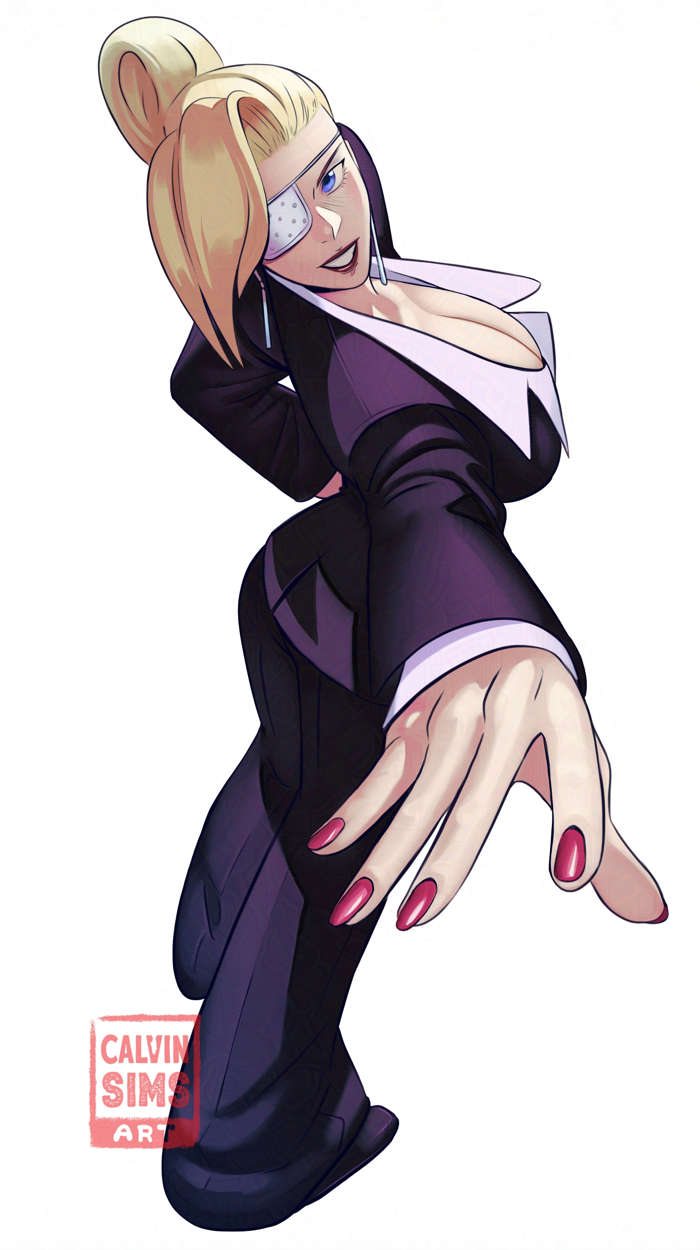 calvin sims, mature (kof), the king of fighters, the king of fighters xiii, absurdres, highres, 1girl, black suit, blonde hair, blue eyes, blush, breasts, cleavage, earrings, eyepatch, foreshortening, formal clothes, from above, full body, grin, hair bun, hand on own hip, jewelry, large breasts, lips, looking at viewer, pant suit, pants, reaching, reaching towards viewer, red lips, red nails, shirt, short hair, simple background, single hair bun, smile, solo, standing, suit, watermark, white background, white shirt