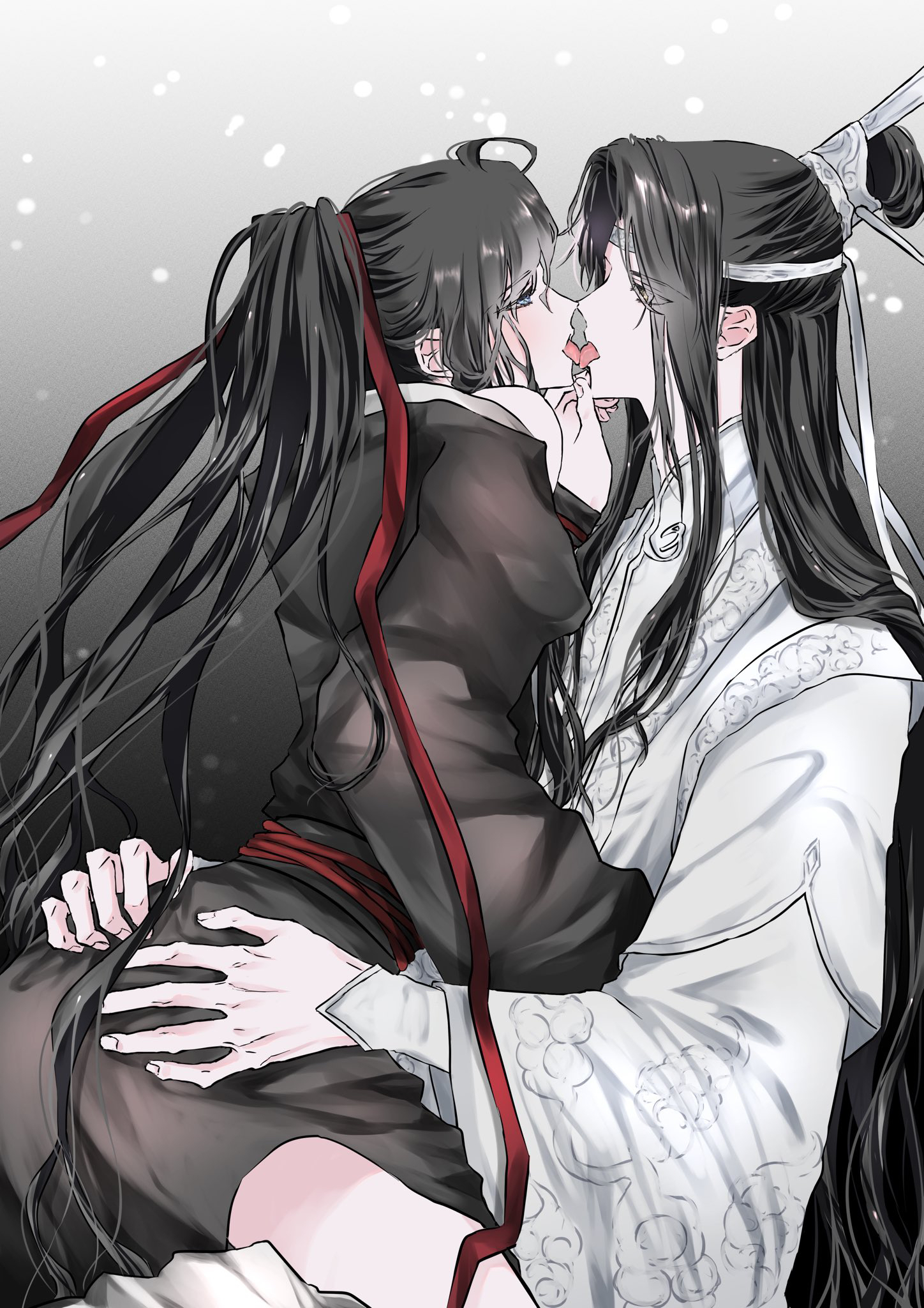 naruse (kmk648), lan wangji, wei wuxian, modao zushi, highres, 2boys, ahoge, ass, bare shoulders, bishounen, black hair, black hanfu, blue eyes, blush, chinese clothes, couple, french kiss, from side, grabbing another's ass, gradient background, groping, hair ribbon, hand on another's chin, hands on another's ass, hanfu, headband, kiss, long hair, long sleeves, looking at another, male focus, multiple boys, off shoulder, open mouth, ponytail, profile, red ribbon, red sash, ribbon, robe, sash, sidelocks, sitting, sitting on lap, sitting on person, straddling, tongue, tongue out, topknot, very long hair, white hanfu, white headband, wide sleeves, xiao guan (headdress), yaoi, yellow eyes