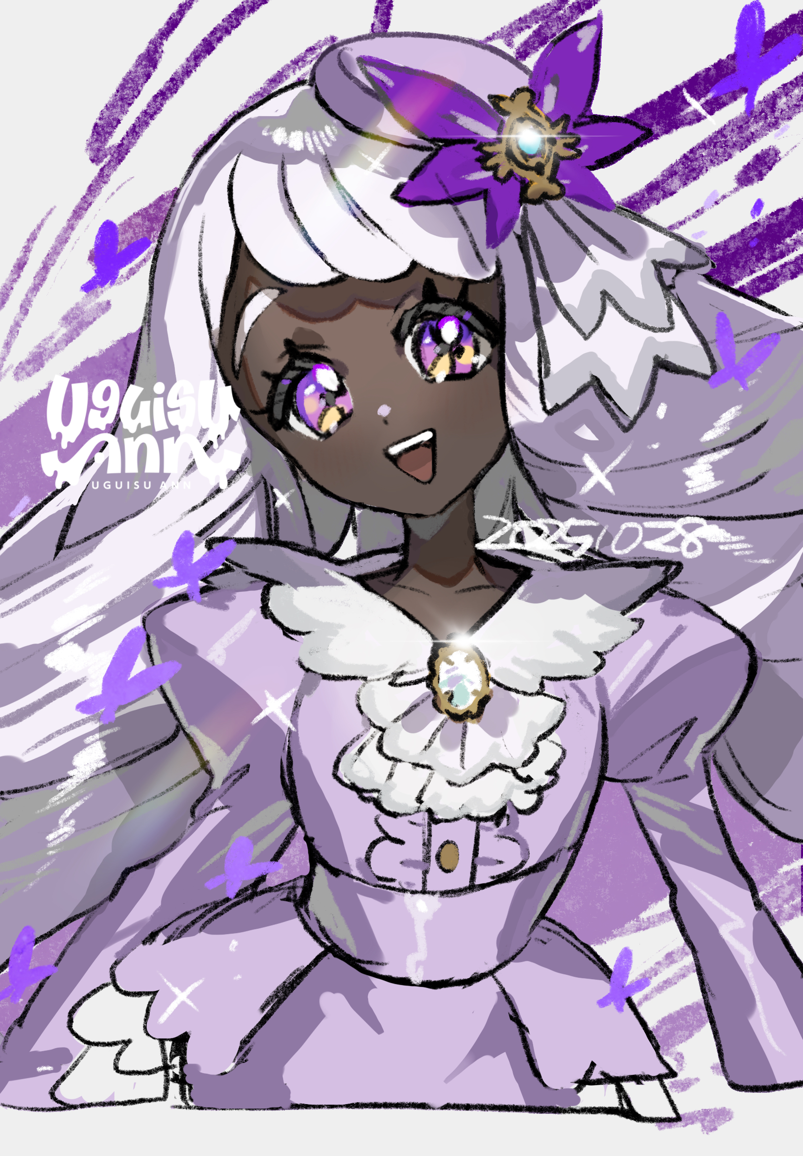 uguisu ann, jacinthe (pokemon), nintendo, pokemon, pokemon legends: z-a, commentary request, highres, 1girl, :d, dark-skinned female, dark skin, dated, dress, eyelashes, hair ornament, happy, head tilt, long hair, looking at viewer, open mouth, puffy sleeves, purple dress, purple eyes, smile, solo, teeth, upper teeth only, white hair