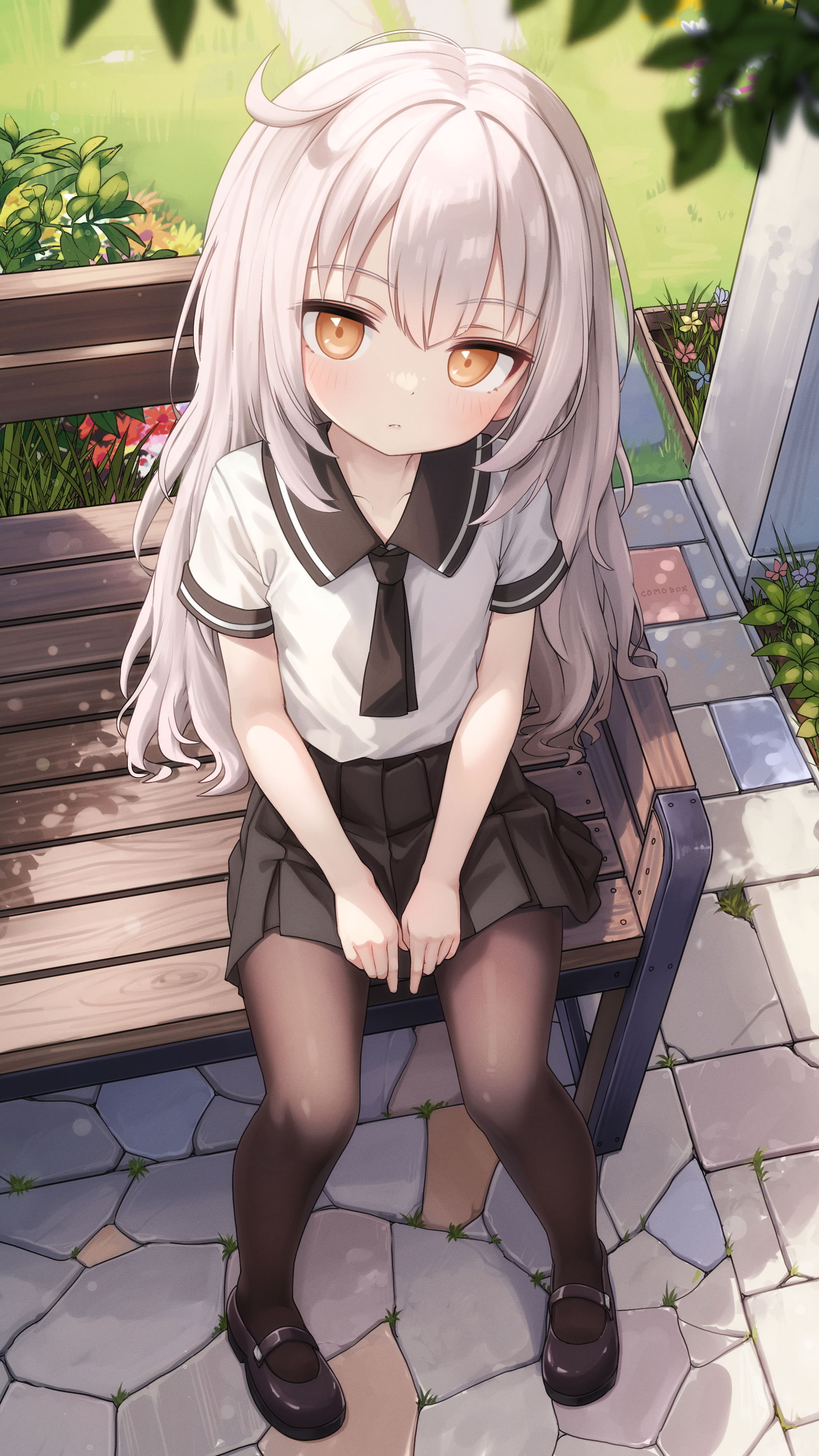 comodox, original, absurdres, commentary, english commentary, highres, paid reward available, variant set, 1girl, bench, black pantyhose, black shoes, black skirt, closed mouth, from above, la aong (comodox), long hair, looking at viewer, mary janes, miniskirt, orange eyes, outdoors, pantyhose, park bench, pleated skirt, shirt, shoes, short sleeves, sitting, skirt, solo, white hair, white shirt