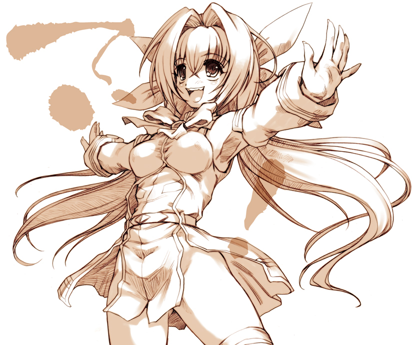 hisahiko, seto sakuya, super robot gakuen, super robot wars, 1girl, armpits, bow, detached sleeves, female focus, fingernails, foreshortening, hair bow, long fingernails, long hair, monochrome, nail (hardware), no panties, outstretched arms, solo, spread arms, thighhighs