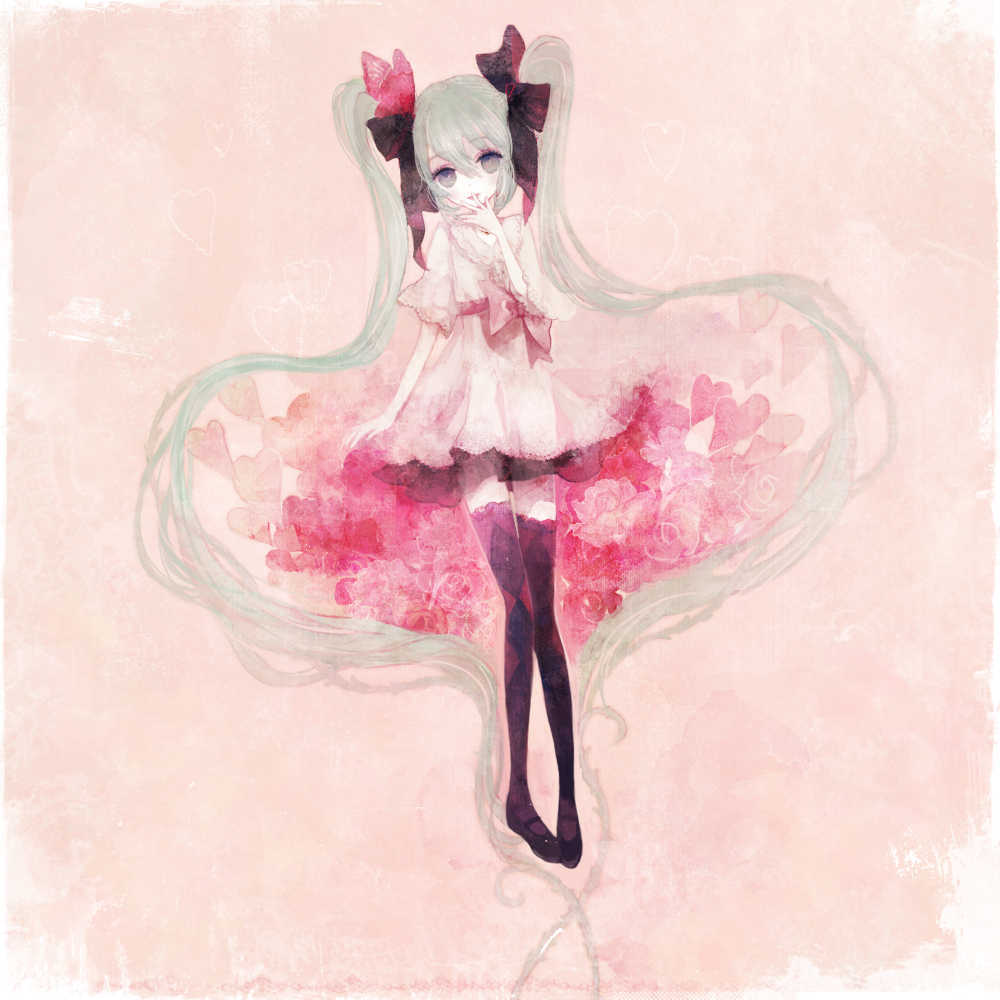 pechika, hatsune miku, vocaloid, world is mine (vocaloid), bad id, bad pixiv id, bow, dress, green eyes, green hair, hair ribbon, heart, lingerie, long hair, petticoat, ribbon, thighhighs, twintails, underwear, very long hair