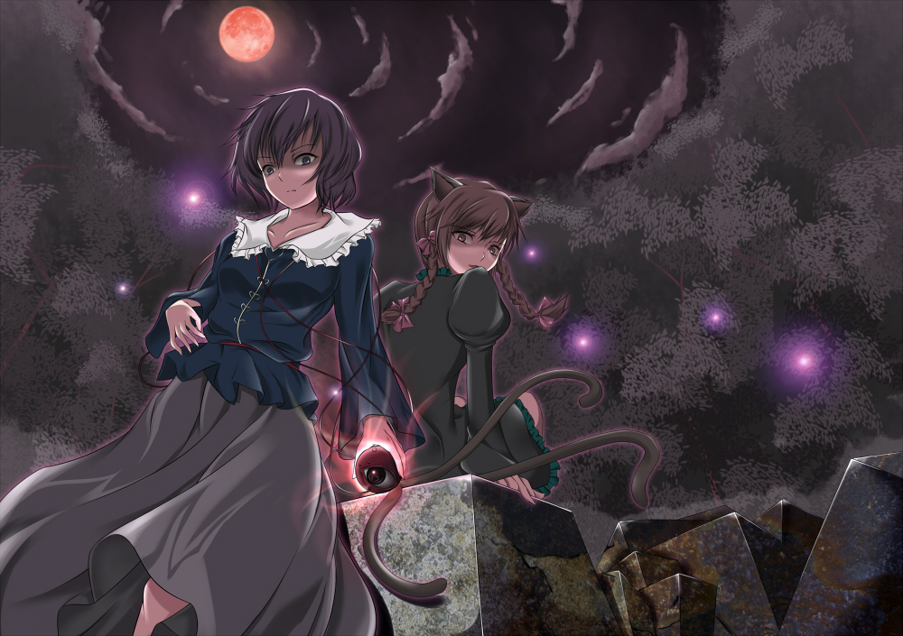 ahirun, kaenbyou rin, komeiji satori, touhou, bad id, bad pixiv id, 2girls, animal ears, bow, braid, brown hair, cat ears, cat girl, cat tail, cloud, female focus, glowing, glowing eye, glowing orb, looking back, moon, multiple girls, multiple tails, outdoors, plant, short hair, sitting, sky, standing, star (symbol), tail, tree, twin braids