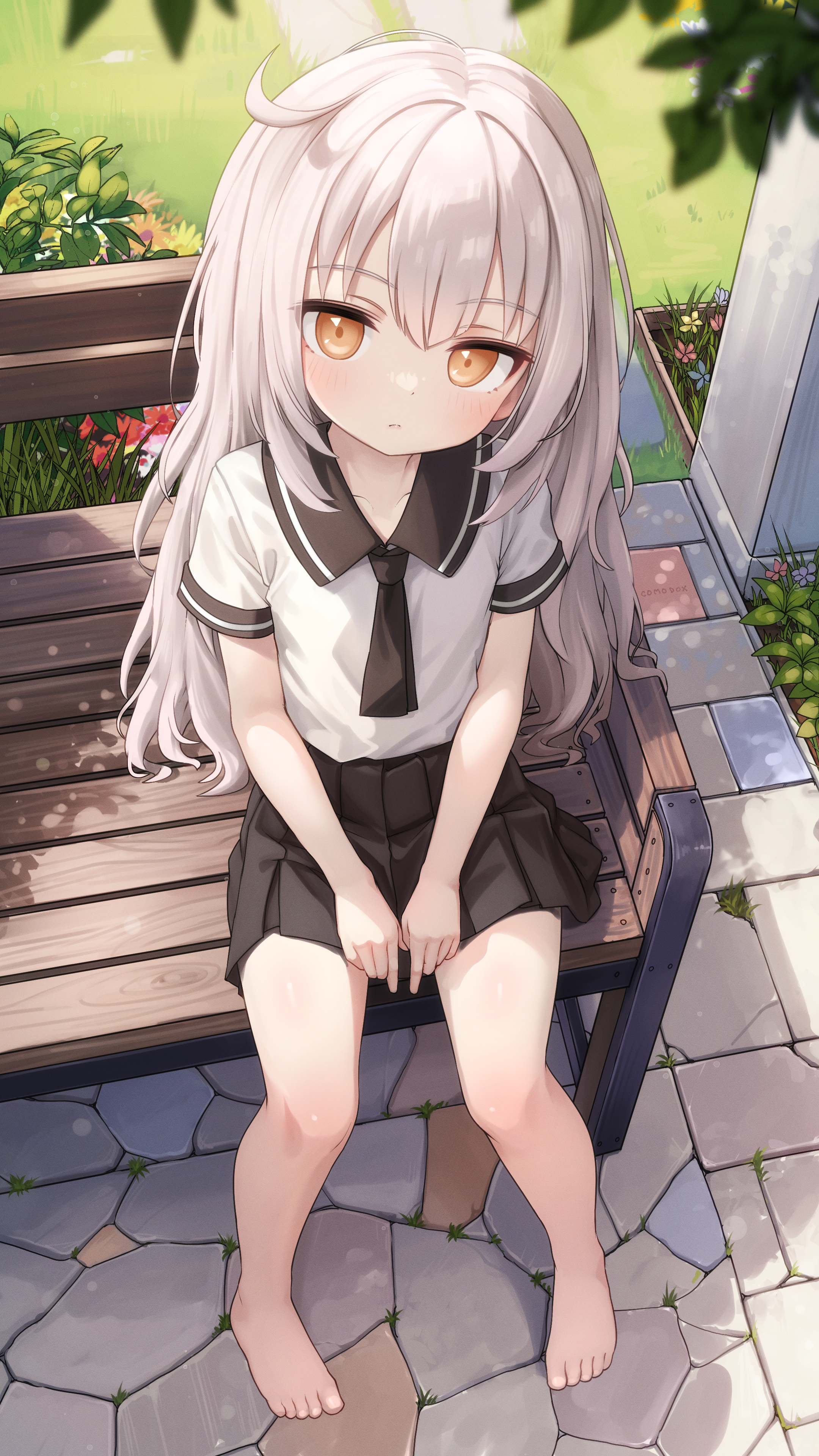 comodox, original, absurdres, commentary, english commentary, highres, paid reward available, variant set, 1girl, barefoot, bench, black shoes, black skirt, closed mouth, from above, la aong (comodox), long hair, looking at viewer, mary janes, miniskirt, orange eyes, outdoors, park bench, pleated skirt, shirt, shoes, short sleeves, sitting, skirt, solo, toes, white hair, white shirt