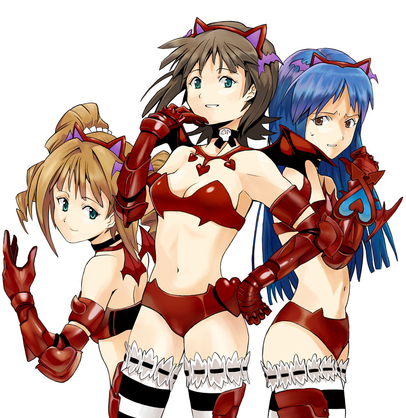 ysmmzr, amami haruka, kisaragi chihaya, takatsuki yayoi, idolmaster, idolmaster (classic), frilled legwear, striped legwear, bad id, bad pixiv id, 00s, 3girls, bat wings, choker, demon girl, elbow gloves, gloves, head wings, horns, multiple girls, nightmare blood, striped clothes, striped thighhighs, thighhighs, twintails, wings