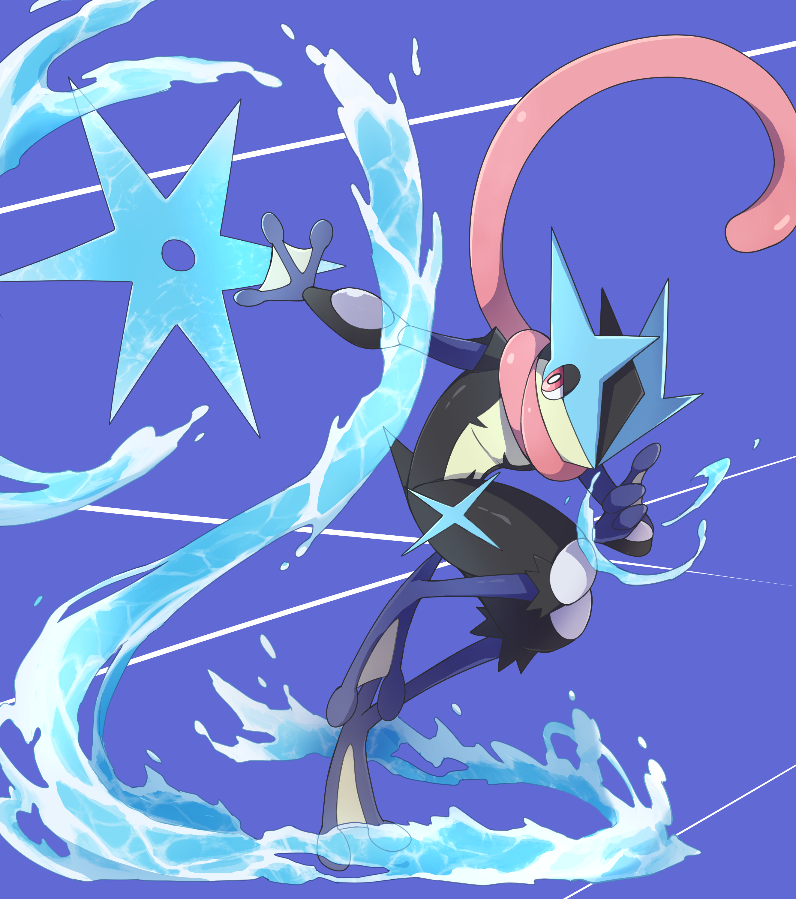 doma shin, greninja, mega greninja, nintendo, pokemon, absurdres, commentary request, highres, blue background, bright pupils, gen 6 pokemon, leg up, outstretched arm, pink eyes, pokemon (creature), pokemon focus, shuriken, solo, tongue scarf, water, water drop, weapon, white pupils