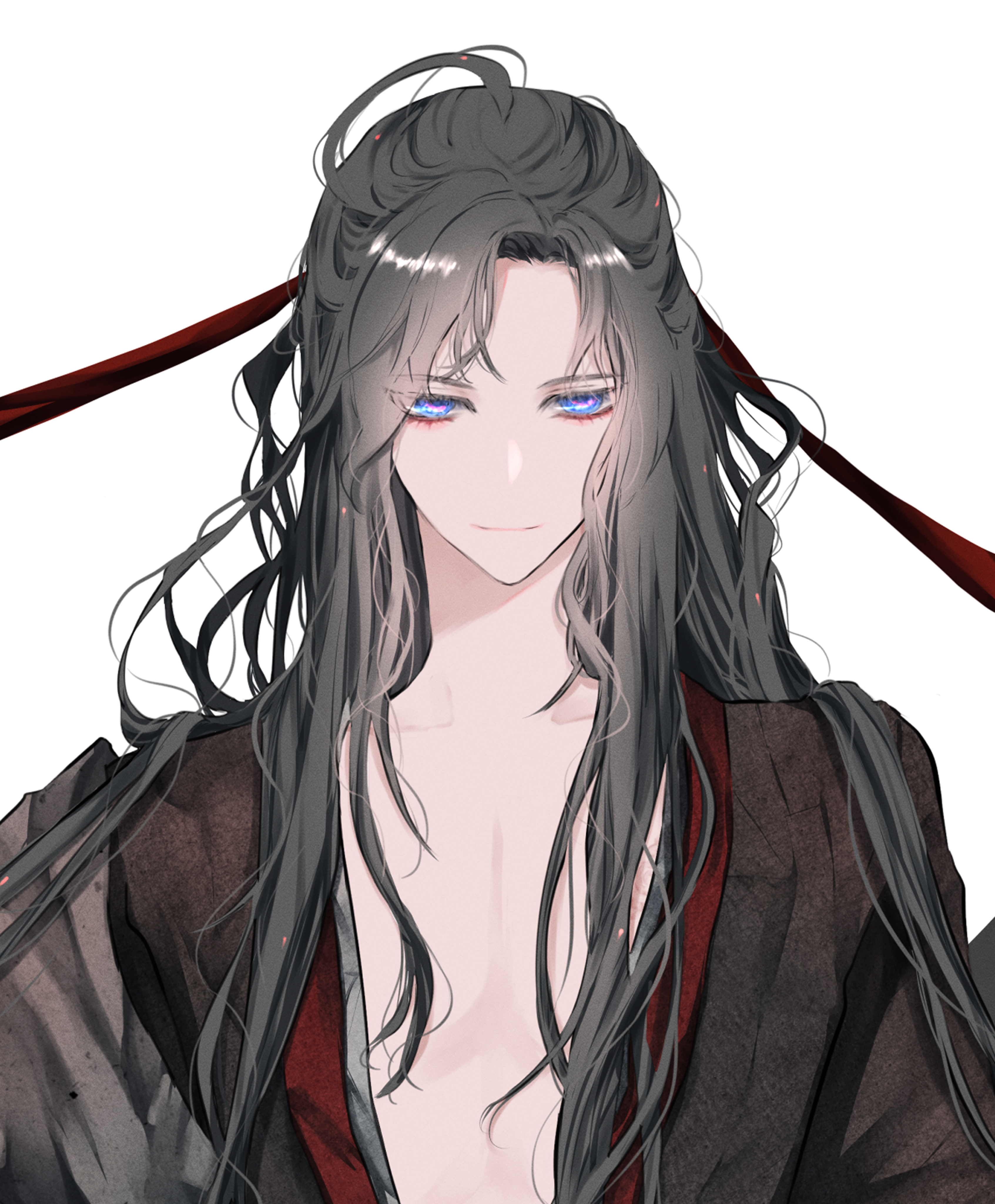 naruse (kmk648), wei wuxian, wei wuxian (yiling laozu), modao zushi, absurdres, highres, 1boy, ahoge, bishounen, black hair, black hanfu, blue eyes, chinese clothes, closed mouth, coat, collarbone, eyelashes, grey coat, hair down, hair ribbon, half updo, hanfu, light smile, long hair, looking at viewer, male focus, off shoulder, official alternate costume, official alternate hairstyle, open clothes, open coat, pectoral cleavage, pectorals, purple eyes, red ribbon, ribbon, robe, simple background, smile, solo, upper body, very long hair, white background