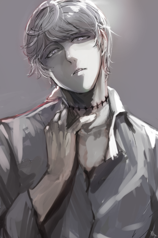 russia (hetalia), axis powers hetalia, commentary request, 1boy, collarbone, collared shirt, fingernails, grey background, grey hair, hand on own face, hand up, lips, long sleeves, looking at viewer, male focus, nrbrks, purple eyes, scar, scar on neck, shirt, short hair, simple background, solo, teeth, upper body, white shirt