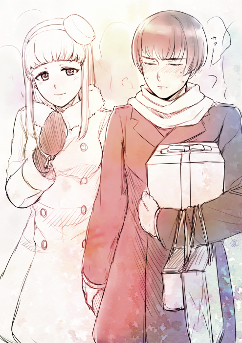 japan (hetalia), russia (hetalia), axis powers hetalia, commentary request, 1boy, 1girl, bag, blunt ends, blush, bow, box, breasts, buttons, closed eyes, closed mouth, coat, cowboy shot, dress, fur-trimmed dress, fur-trimmed sleeves, fur hat, fur trim, genderswap, genderswap (mtf), gift, gift box, gloves, greyscale, hairband, hat, hetero, hime cut, holding, holding bag, holding hands, lapels, long hair, long sleeves, looking at another, medium breasts, mini hat, monochrome, nrbrks, purple eyes, russia (female) (hetalia), scarf, short hair, sidelocks, simple background, smile, standing, sweat