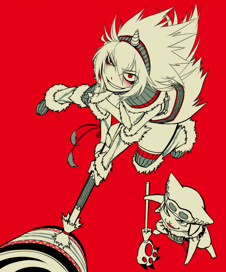 ko-on (ningen zoo), felyne, capcom, monster hunter (series), 1girl, armor, cat, crazy, crazy eyes, detached sleeves, elbow gloves, gloves, green eyes, hairband, hammer, horns, kirin (armor), long hair, mafumofu (armor), oversized object, paw stick, red eyes, red theme, simple background, single horn, white hair