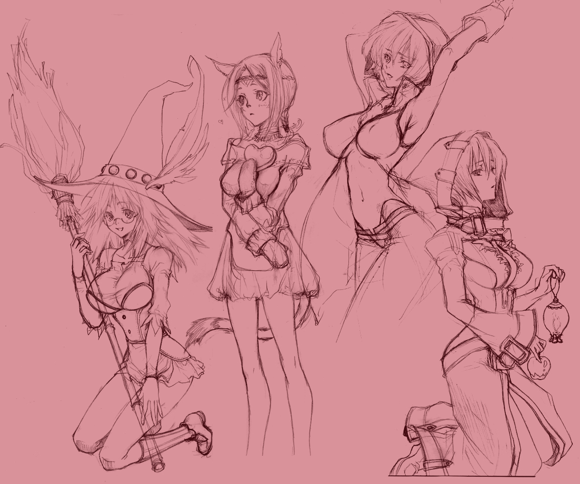 tachibana chata, final fantasy, tagme, 4girls, animal ears, apple, dress, female focus, food, fruit, hat, lamp, mittens, monochrome, multiple girls, tail, witch hat