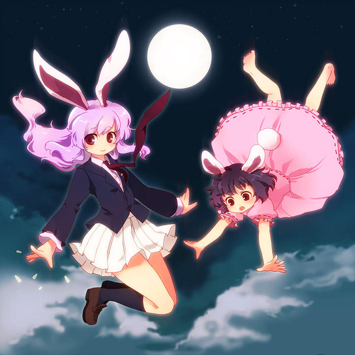 chaba (hortensia), inaba tewi, reisen udongein inaba, touhou, bad id, bad pixiv id, 2girls, animal ears, barefoot, black hair, blazer, cloud, falling, feet, female focus, gradient background, jacket, long hair, moon, multiple girls, necktie, night, night sky, outdoors, pleated skirt, purple hair, rabbit ears, rabbit girl, rabbit tail, red eyes, short hair, skirt, sky, socks, tail