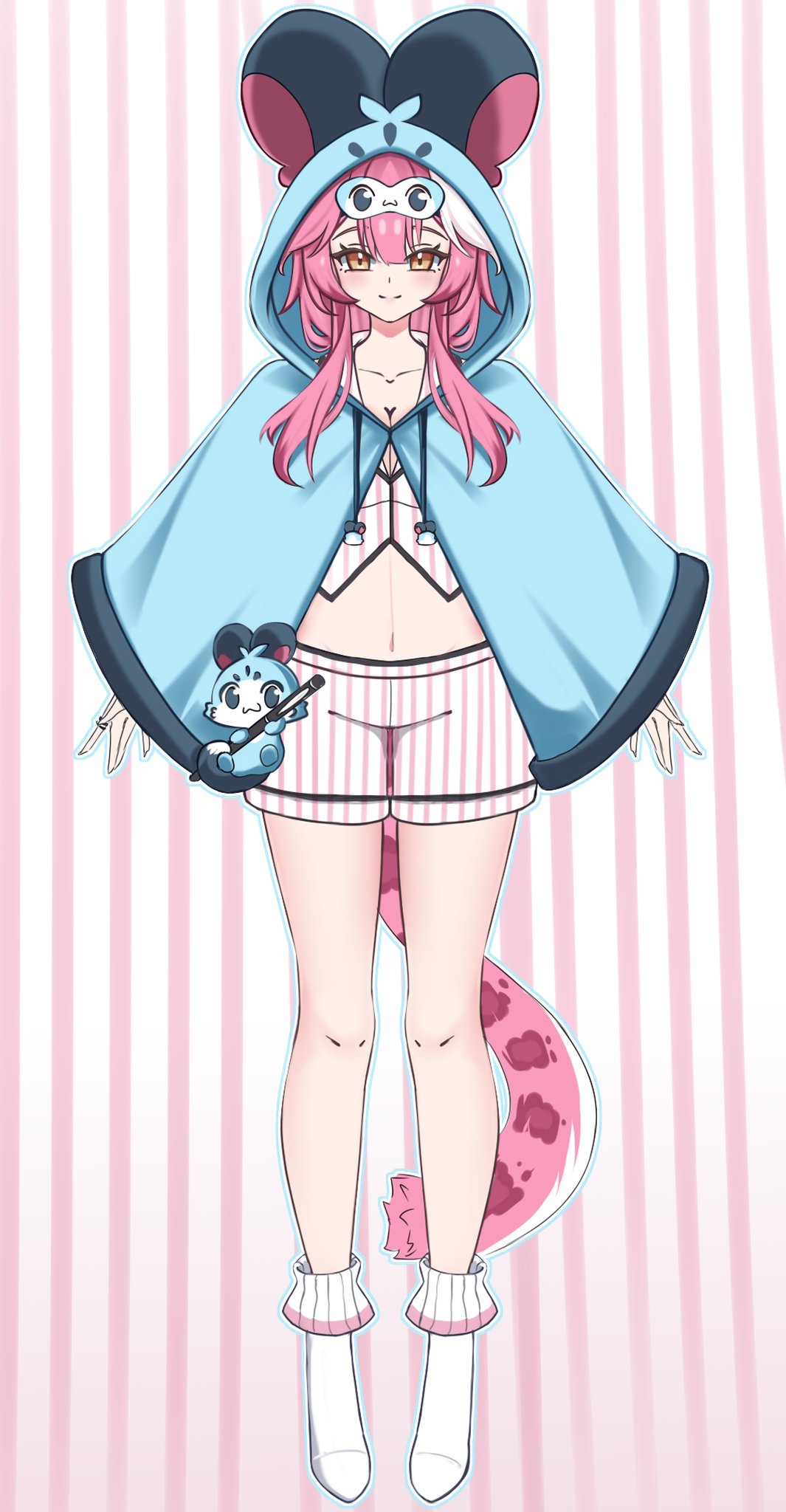 chattino (raora panthera), raora panthera, hololive, hololive english, commentary, english commentary, highres, 1girl, blue capelet, blue mask, blush, breasts, capelet, character mask, cleavage, closed mouth, collarbone, full body, hood, hooded capelet, large breasts, long hair, looking at viewer, mask, mikanskiy, multicolored hair, navel, panther girl, panther tail, pink background, pink hair, pink shirt, pink shorts, pink tail, shirt, shorts, sleep mask, smile, socks, solo, stomach, streaked hair, striped background, striped clothes, striped shirt, striped shorts, tail, thighs, two-tone shirt, two-tone shorts, vertical-striped background, vertical-striped clothes, vertical-striped shirt, vertical-striped shorts, virtual youtuber, white shirt, white shorts, white socks, yellow eyes