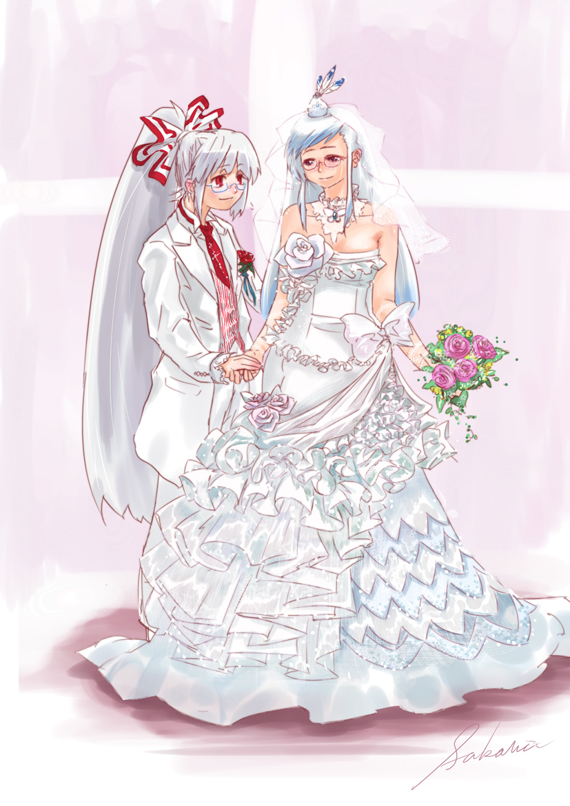 sakana (artist), sakana (ryuusui-tei), fujiwara no mokou, kamishirasawa keine, touhou, 2girls, bespectacled, blue eyes, blue hair, bouquet, bride, corsage, dress, female focus, flower, formal clothes, glasses, hair ribbon, hat, holding hands, long hair, multiple girls, necktie, pant suit, pants, red eyes, ribbon, signature, suit, tears, tuxedo, wedding, wedding dress, white hair, wife and wife, yuri