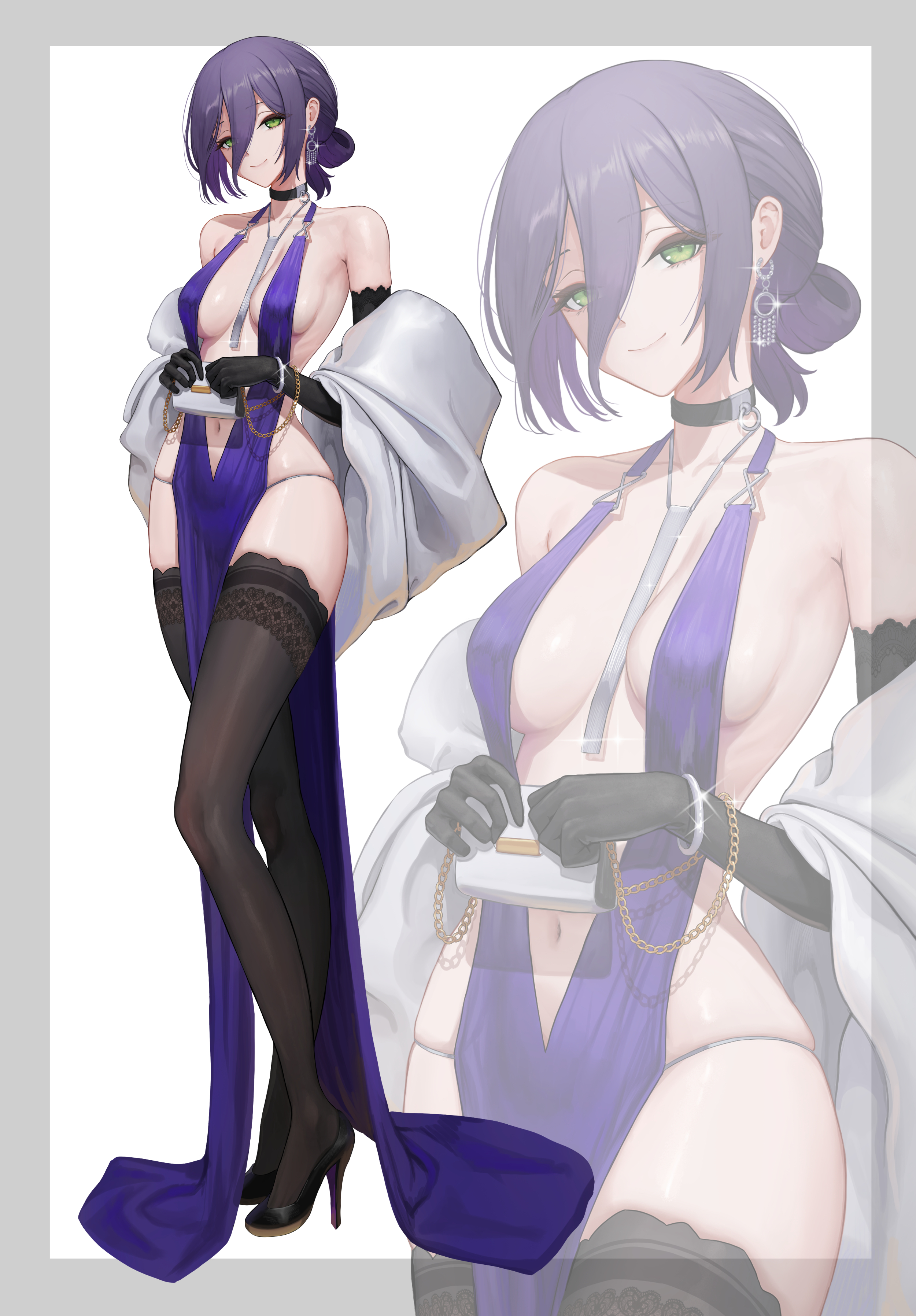 long long life, reze (chainsaw man), chainsaw man, absurdres, highres, 1girl, bag, bare shoulders, black choker, black gloves, black hair, black shoes, black thighhighs, blue dress, breasts, choker, closed mouth, collarbone, dress, earrings, full body, gloves, green eyes, hair between eyes, hair rings, handbag, high heels, holding, holding bag, jewelry, long hair between eyes, looking at viewer, medium breasts, multiple views, navel, pelvic curtain, shoes, single hair ring, skindentation, smile, standing, thighhighs, zoom layer