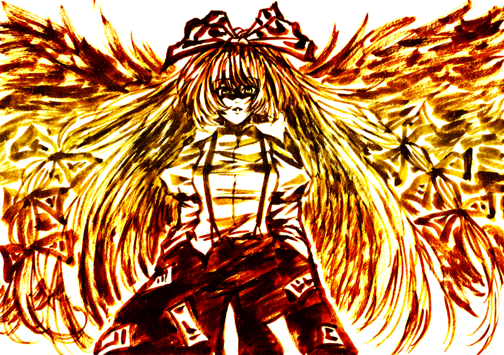 bakufu, fuu (futian), fujiwara no mokou, touhou, ink (medium), traditional media, 1girl, bow, female focus, fiery wings, fire, hair bow, hands in pockets, ink, long hair, monochrome, multiple hair bows, red theme, solo, suspenders, wings, yellow theme