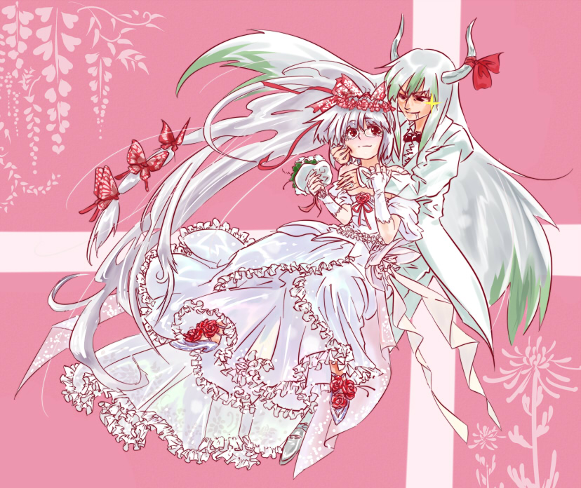 sakana (artist), sakana (ryuusui-tei), ex-keine, fujiwara no mokou, kamishirasawa keine, touhou, 2girls, bespectacled, bouquet, bride, bug, butterfly, couple, dress, female focus, fingerless gloves, flower, formal clothes, glasses, gloves, hair ribbon, insect, long hair, looking at another, multiple girls, pant suit, pants, ribbon, suit, wedding, wedding dress, yuri