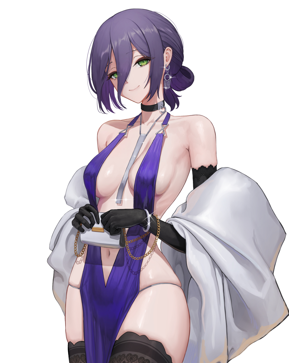 long long life, reze (chainsaw man), chainsaw man, commentary, highres, 1girl, bag, bare shoulders, black choker, black gloves, black hair, black thighhighs, blue dress, breasts, choker, closed mouth, collarbone, cow, dress, gloves, green eyes, hair between eyes, hair rings, handbag, holding, holding bag, long hair between eyes, looking at viewer, medium breasts, navel, pelvic curtain, simple background, single hair ring, skindentation, smile, solo, thighhighs, white background