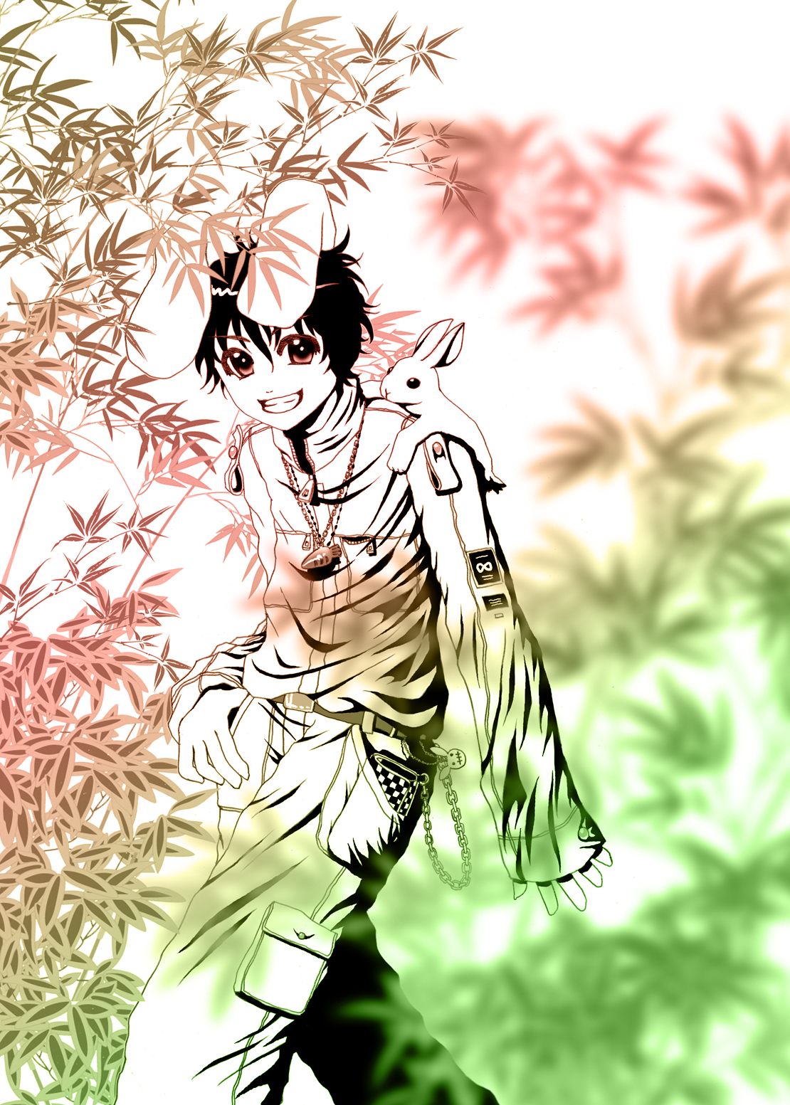 bakufu, fuu (futian), inaba tewi, touhou, highres, 1boy, animal ears, cargo pants, chain, genderswap, genderswap (ftm), grin, male focus, monochrome, pants, rabbit, rabbit ears, smile, solo