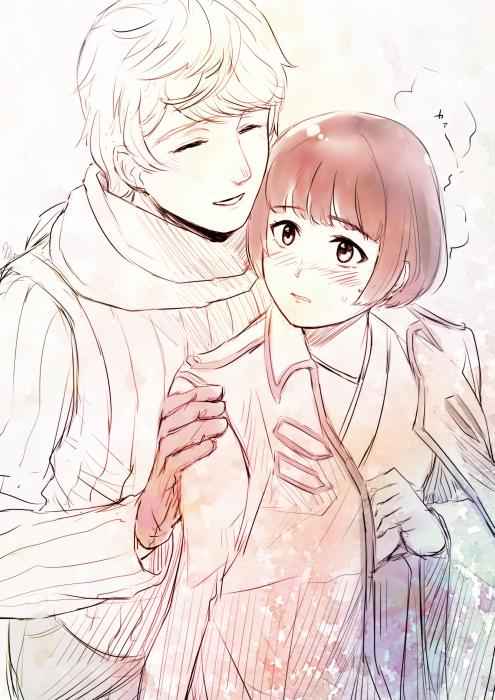 japan (female) (hetalia), japan (hetalia), russia (hetalia), axis powers hetalia, commentary request, 1boy, 1girl, blunt bangs, blush, closed eyes, coat, collared coat, genderswap, genderswap (mtf), gloves, greyscale, hand on another's shoulder, hand up, hetero, japanese clothes, kimono, long sleeves, looking at another, monochrome, nrbrks, open clothes, open coat, open mouth, own hands together, scarf, short hair, shy, simple background, smile, sweatdrop, sweater, teeth