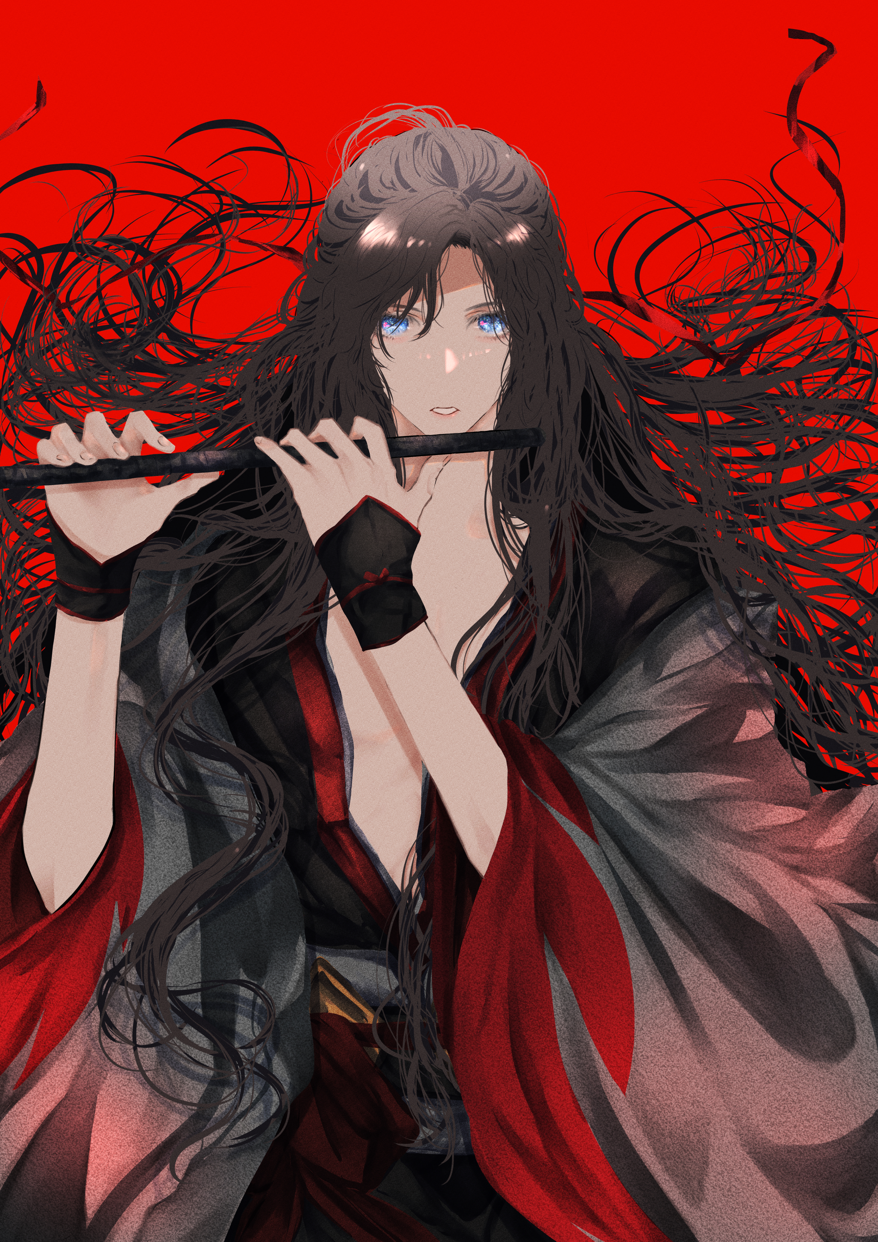 naruse (kmk648), wei wuxian, wei wuxian (yiling laozu), modao zushi, absurdres, highres, 1boy, ahoge, black hair, black hanfu, blue eyes, chenqing flute, chinese clothes, coat, dizi, eyelashes, floating hair, flute, grey coat, hair down, hair ribbon, half updo, hands up, hanfu, holding, holding flute, holding instrument, instrument, long hair, long sleeves, looking at viewer, male focus, music, official alternate costume, official alternate hairstyle, open clothes, open coat, parted lips, pectoral cleavage, pectorals, playing flute, playing instrument, red background, red ribbon, red sash, ribbon, robe, sash, simple background, solo, transverse flute, upper body, vambraces, very long hair, wide sleeves