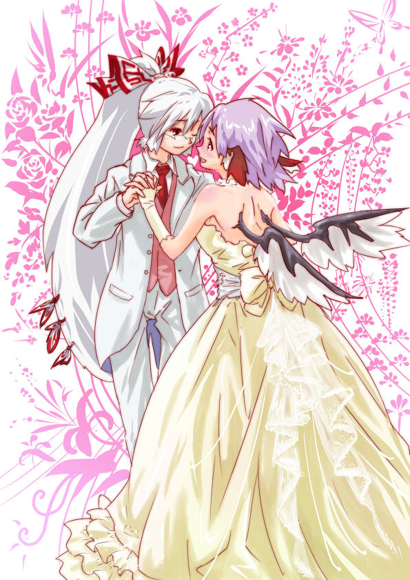 sakana (artist), sakana (ryuusui-tei), fujiwara no mokou, mystia lorelei, touhou, silver hair, 2girls, alternate costume, animal ears, bespectacled, bow, bride, dress, female focus, formal clothes, glasses, hair bow, holding hands, multiple girls, one eye closed, pant suit, pants, ponytail, purple hair, smile, suit, wedding, wedding dress, wings, wink, yuri