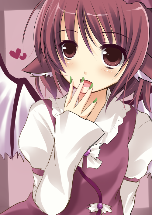 amagu, mystia lorelei, touhou, bad id, bad pixiv id, 1girl, animal ears, blush, brown eyes, brown hair, female focus, green nails, hand to own mouth, heart, nail polish, short hair, solo, upper body, wings