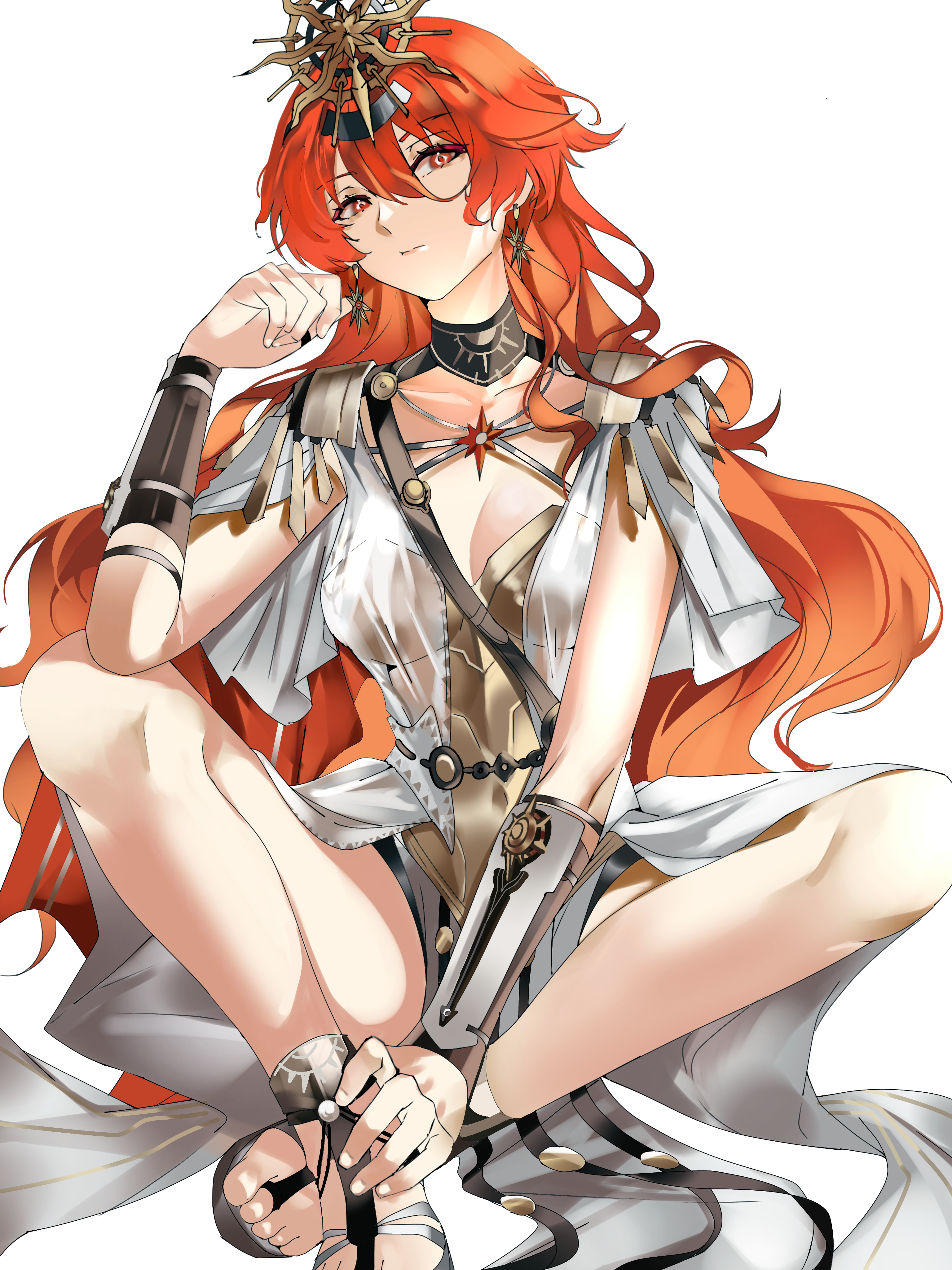 kaburagon, augusta (wuthering waves), wuthering waves, absurdres, commentary, english commentary, highres, 1girl, ancient greek clothes, arm armor, armor, black collar, breastplate, breasts, cleavage, closed mouth, collar, collarbone, dress, earrings, greco-roman clothes, hair between eyes, hand up, headgear, jewelry, long hair, medium breasts, orange hair, simple background, sitting, solo, sun earrings, sun necklace, thighs, very long hair, white background, white dress