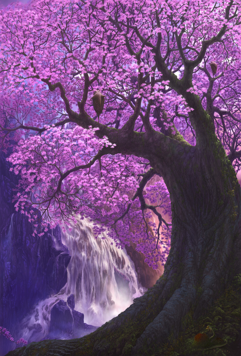 kazumasa uchio, uchio kazumasa, original, bad id, bad pixiv id, bird, creature, flower, no humans, scenery, tree, water, waterfall