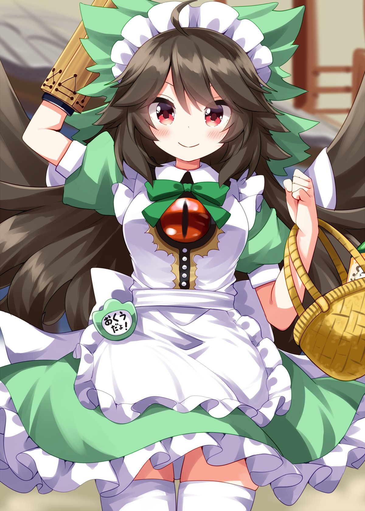 ruu (tksymkw), reiuji utsuho, touhou, commentary request, highres, 1girl, ahoge, alternate costume, apron, arm cannon, basket, blush, bow, bowtie, brown hair, closed mouth, cowboy shot, dress, enmaided, frilled apron, frilled dress, frills, green bow, green bowtie, green dress, long hair, looking at viewer, maid, maid headdress, red eyes, short sleeves, smile, solo, thighhighs, weapon, white apron, zettai ryouiki